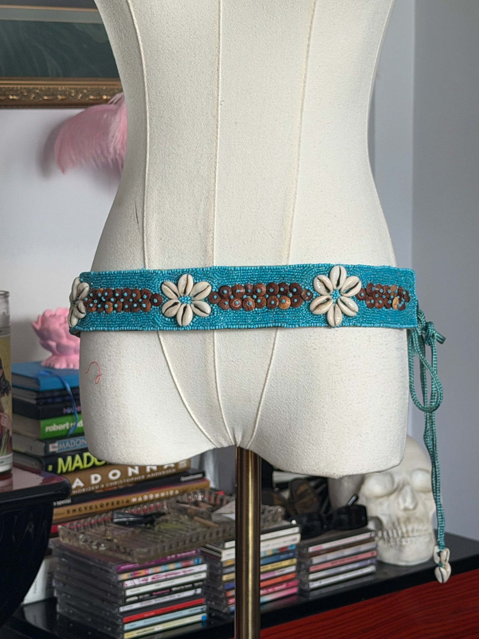 Y2K Turquoise Beaded Cowrie Shell Belt | Boho Sequin Tie Waist Belt