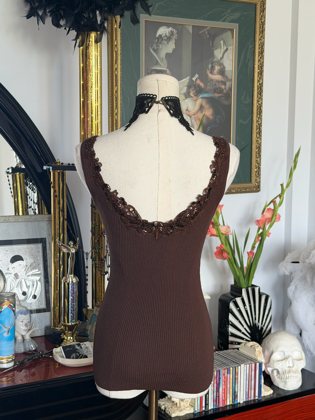Caché Beaded Lace Illusion Ribbed Knit Tank – Chocolate Brown
