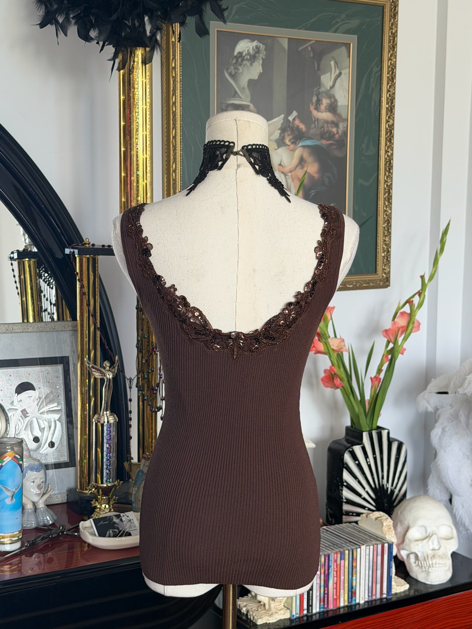 Caché Beaded Lace Illusion Ribbed Knit Tank – Chocolate Brown