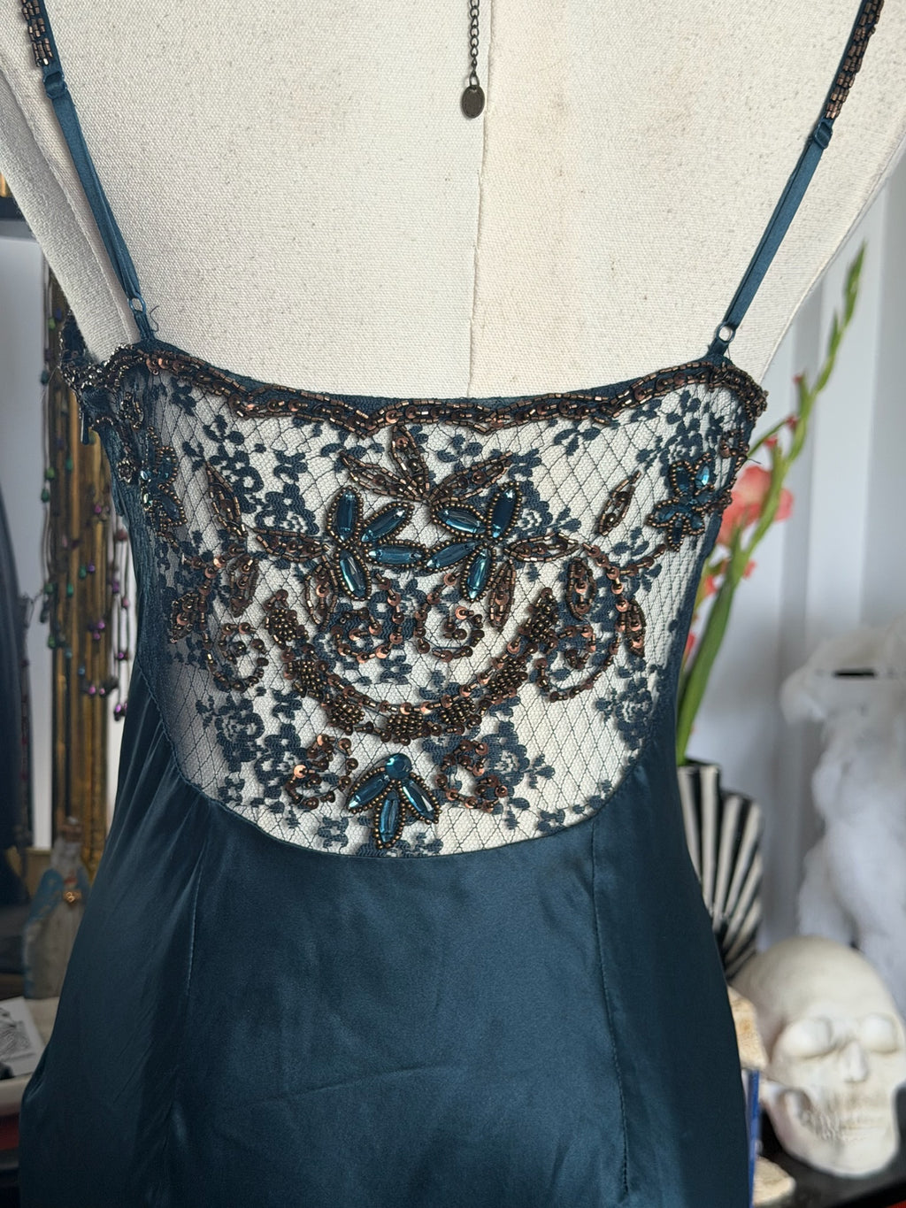 Cache Teal Beaded Lace Slip Dress 2
