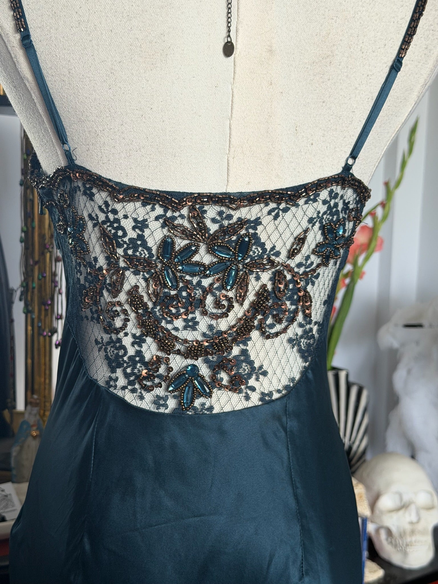 Cache Teal Beaded Lace Slip Dress 2