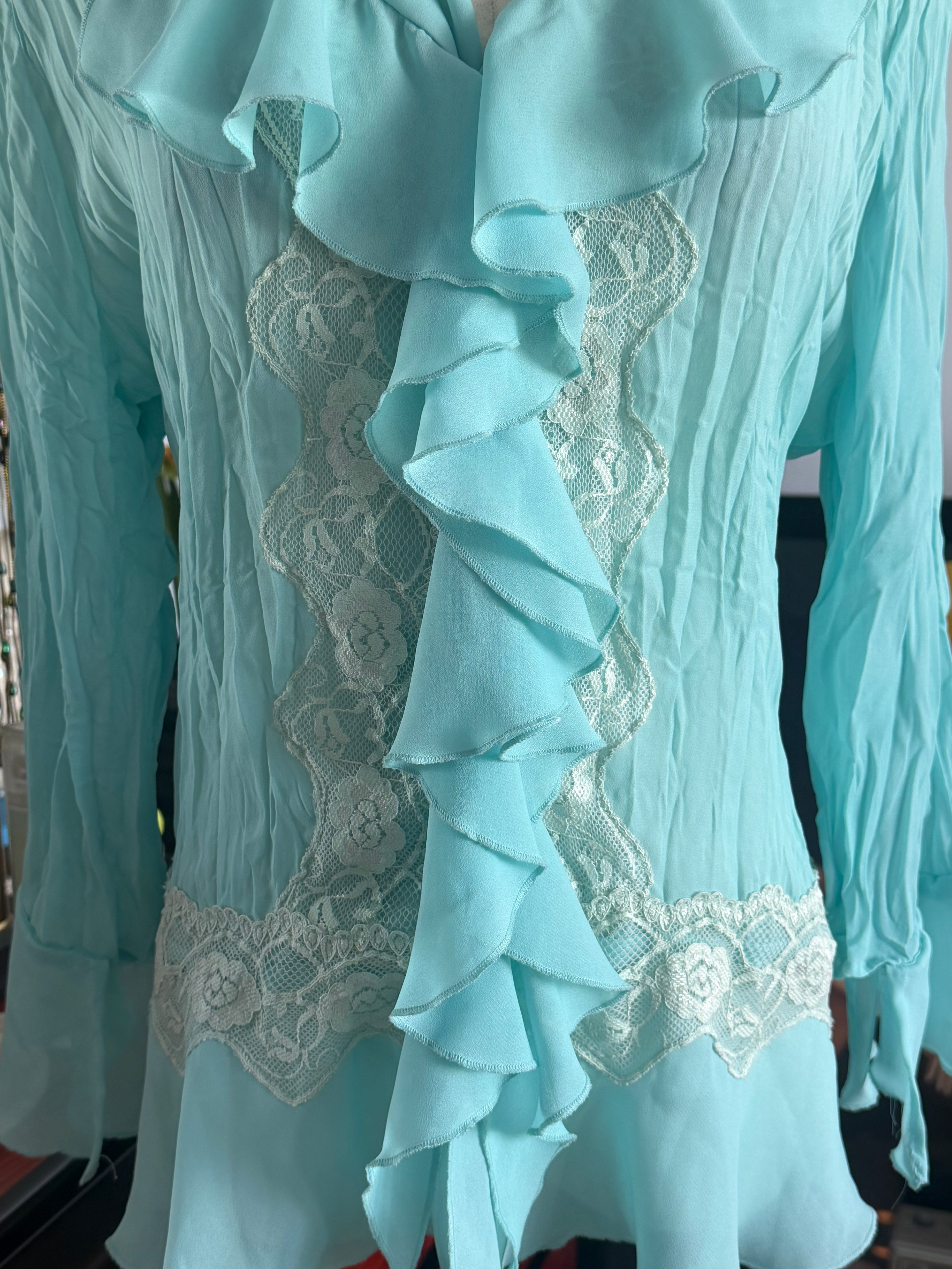 Style & Co. Aqua Blue Ruffle Lace Blouse | Romantic Victorian-Inspired Top | Size 14