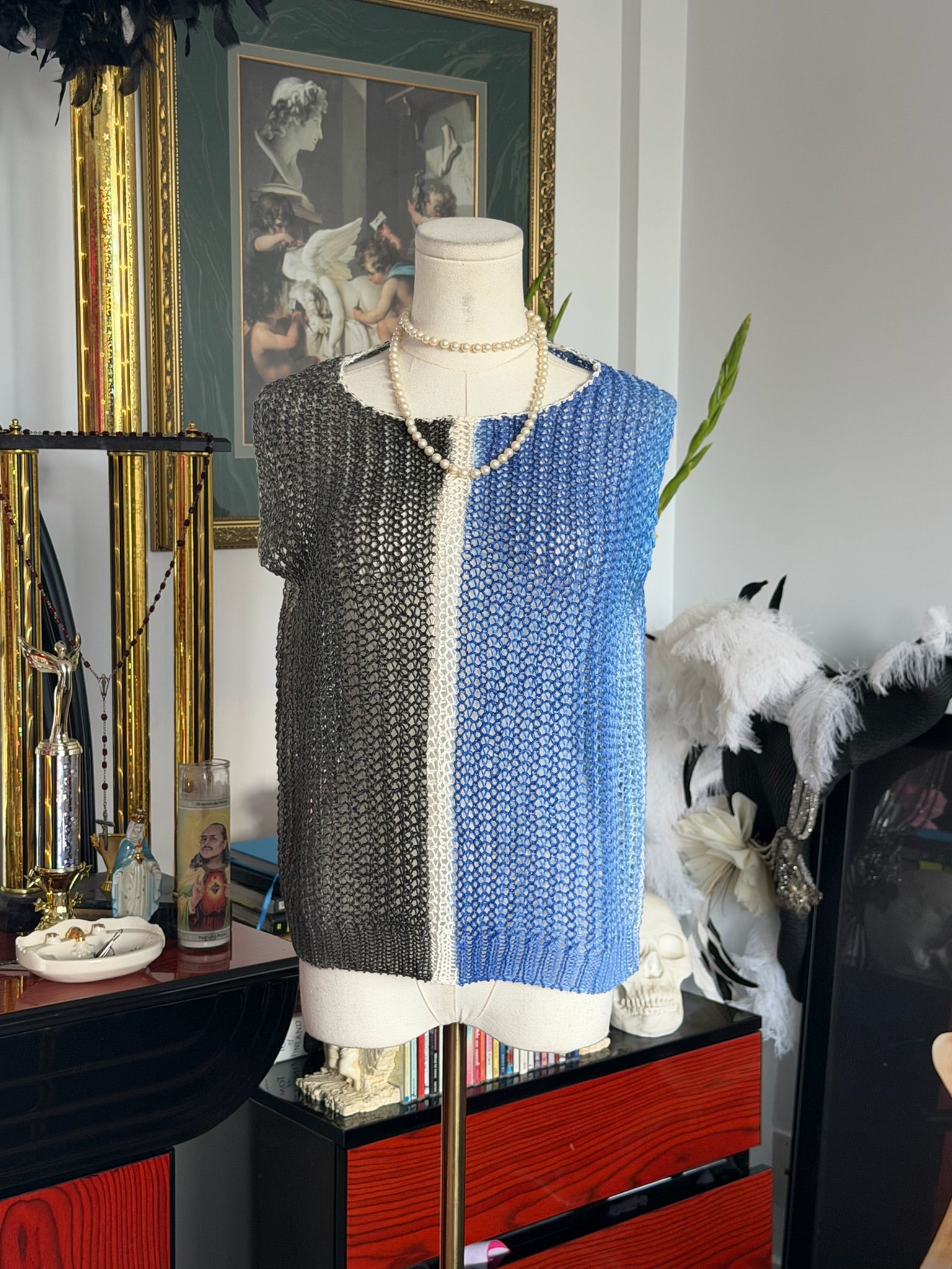 Color Block Open Knit Sweater Vest | Blue, Black & White