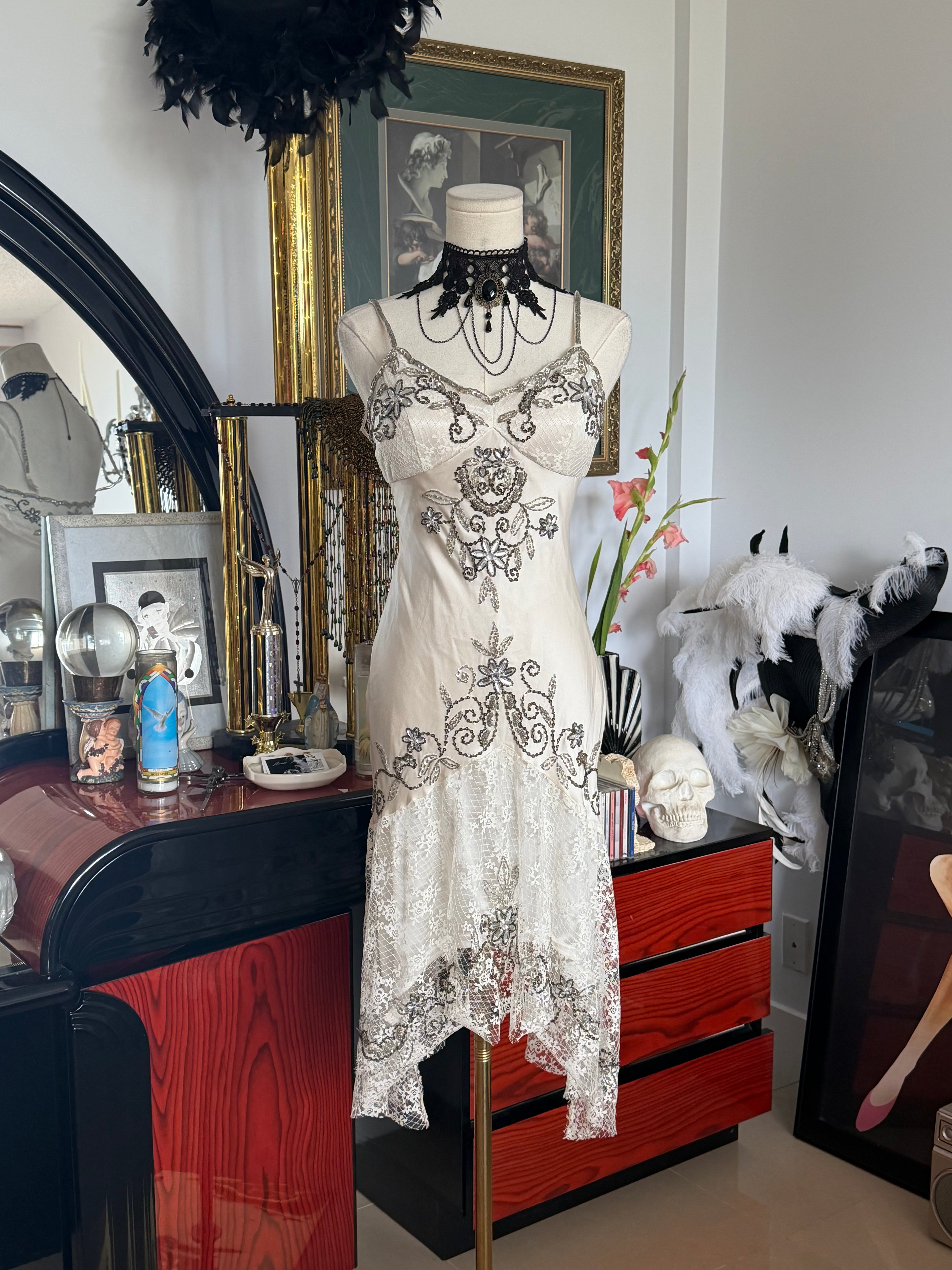 Vintage Sue Wong  Ivory Silk Beaded Lace Dress