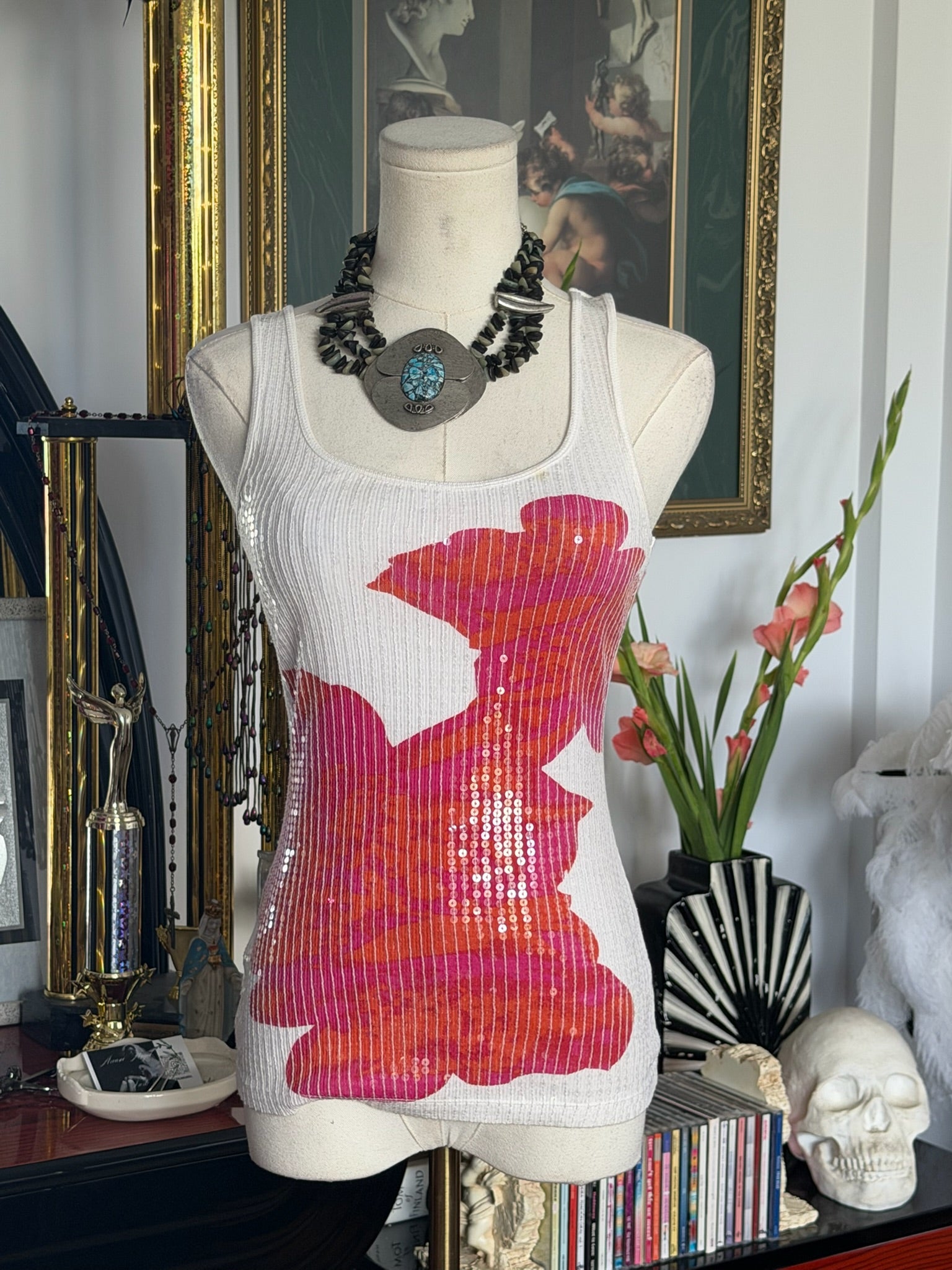 White Floral Sequin Knit Tank