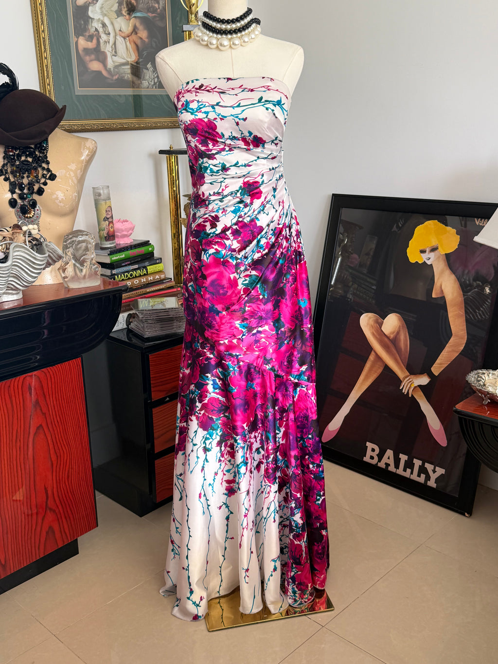 Cache Floral Satin Strapless Maxi Dress - M