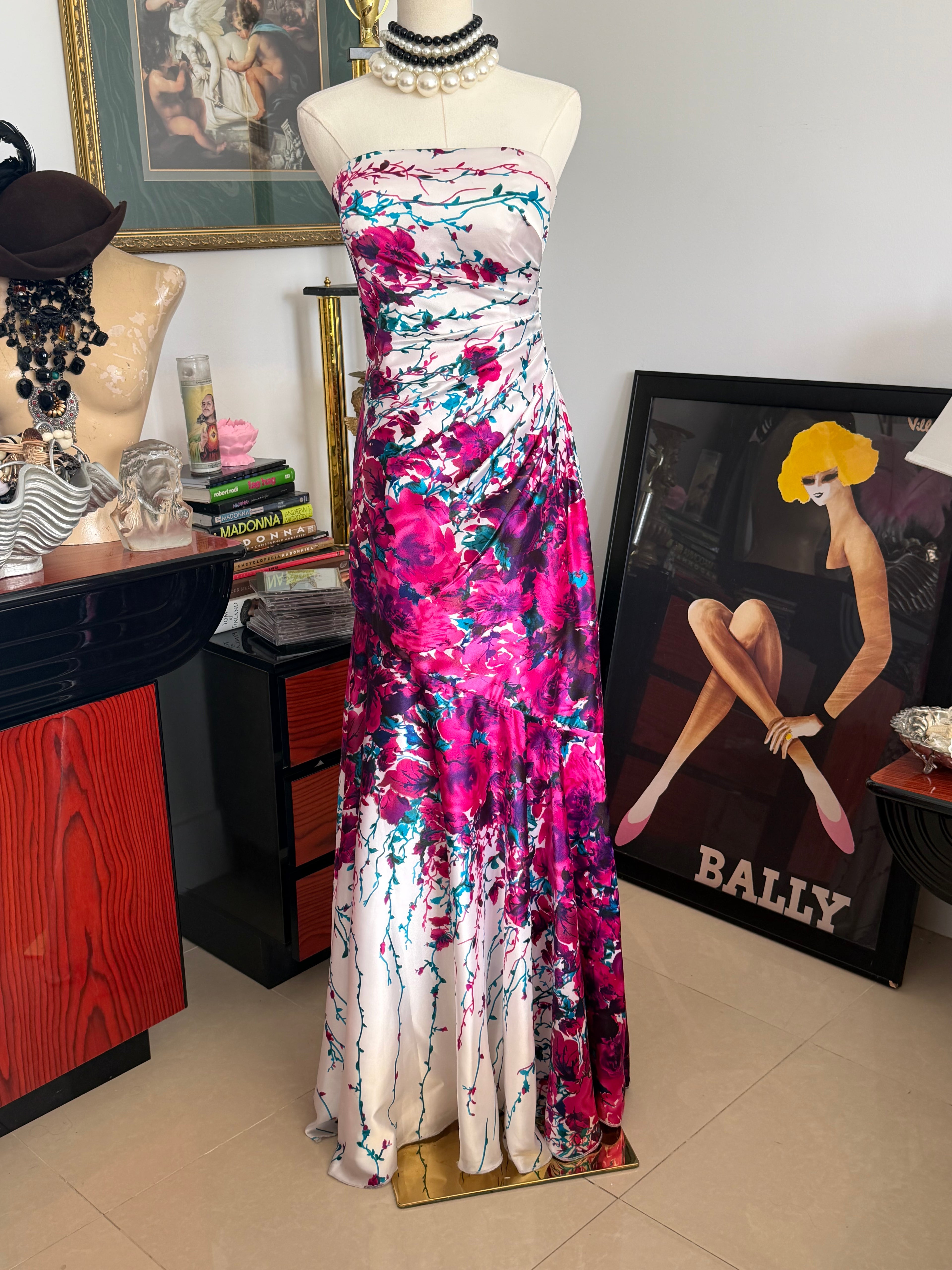 Cache Floral Satin Strapless Maxi Dress - M