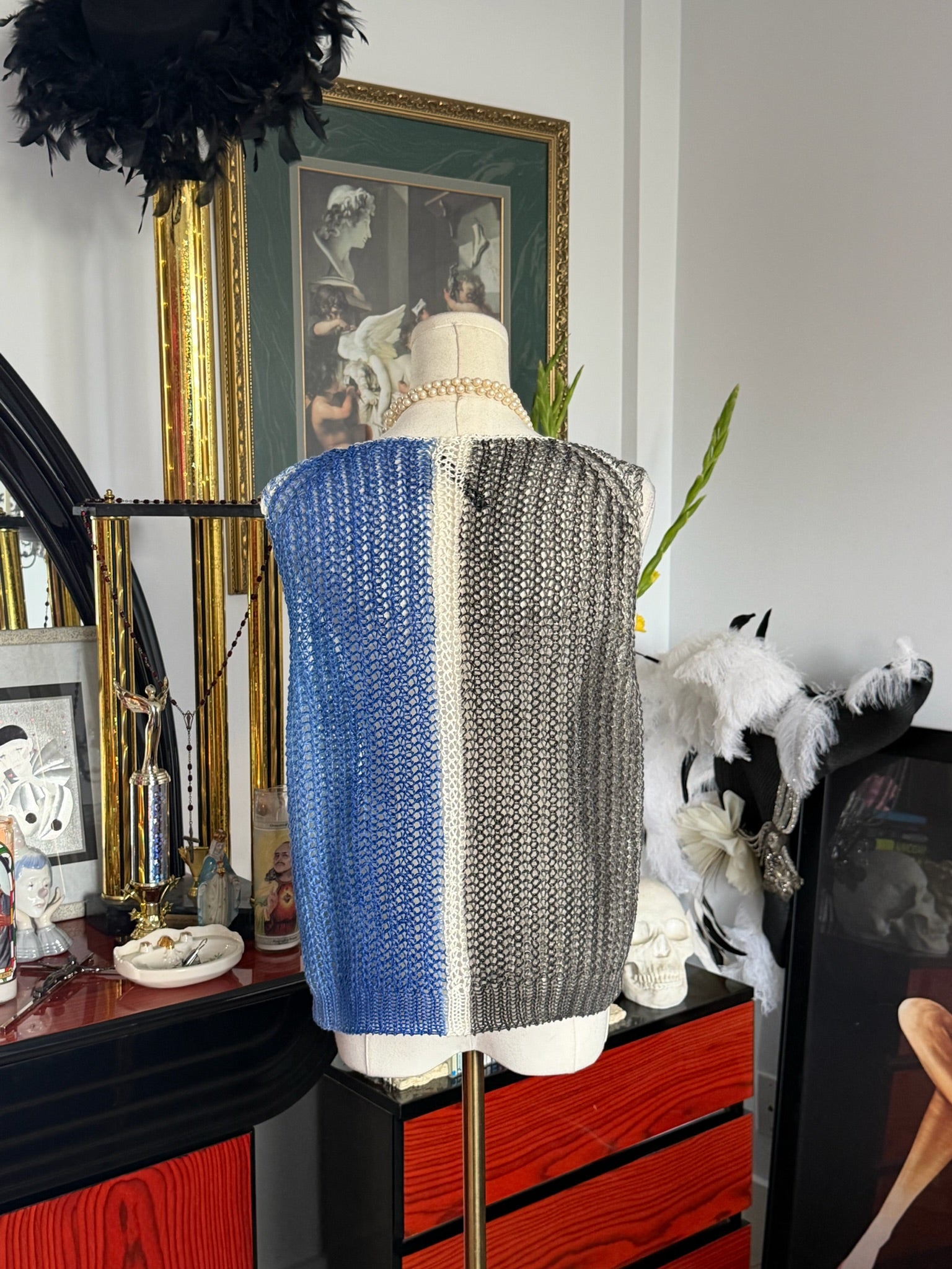 Color Block Open Knit Sweater Vest | Blue, Black & White