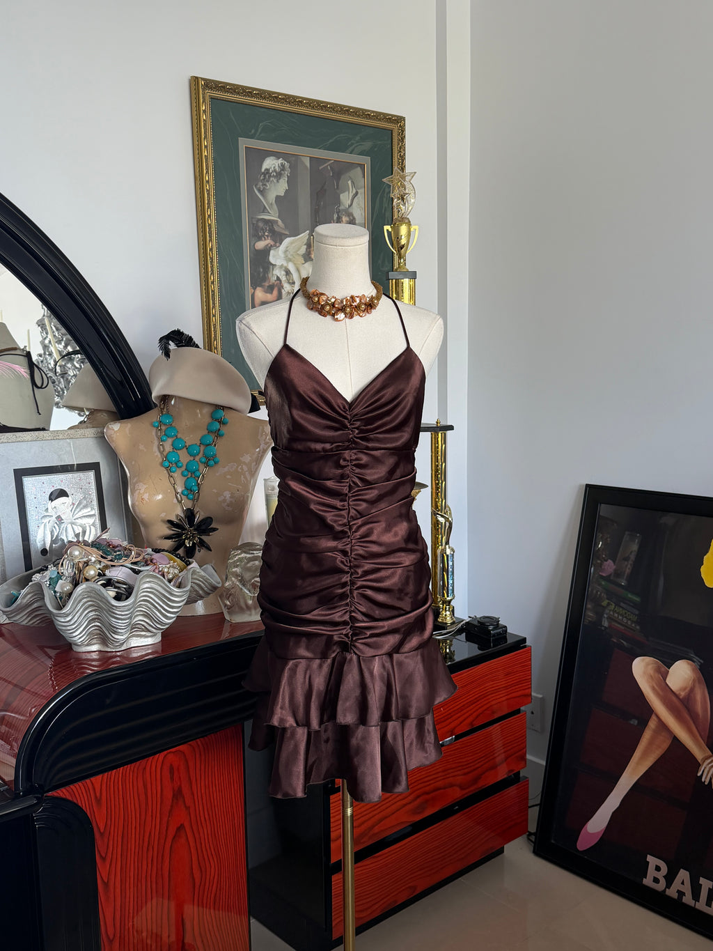 Vintage Y2K Chocolate Satin Ruched Party Dress -S