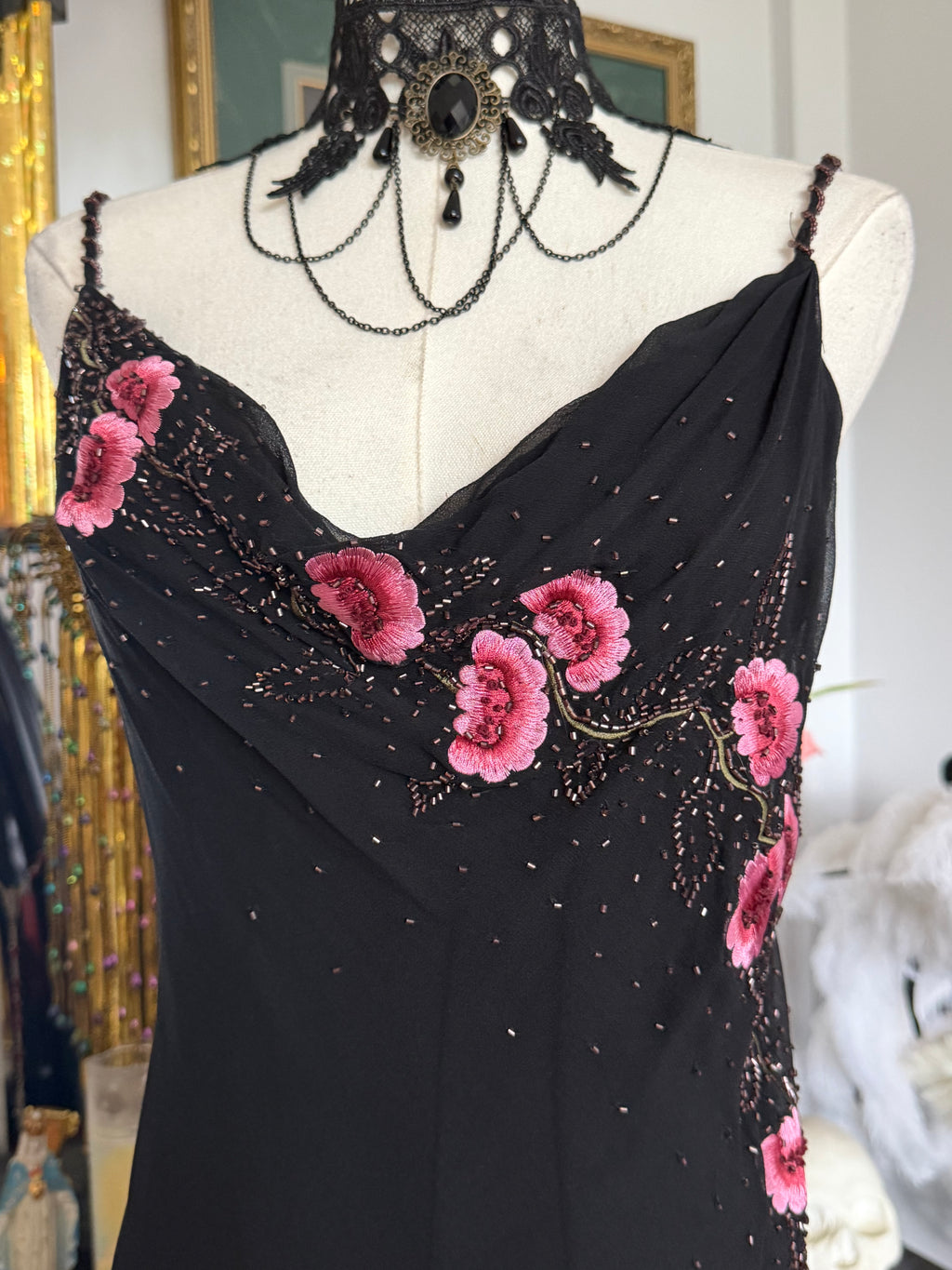 Vintage XSCAPE 100% Silk Black Pink Floral Beaded Gown
