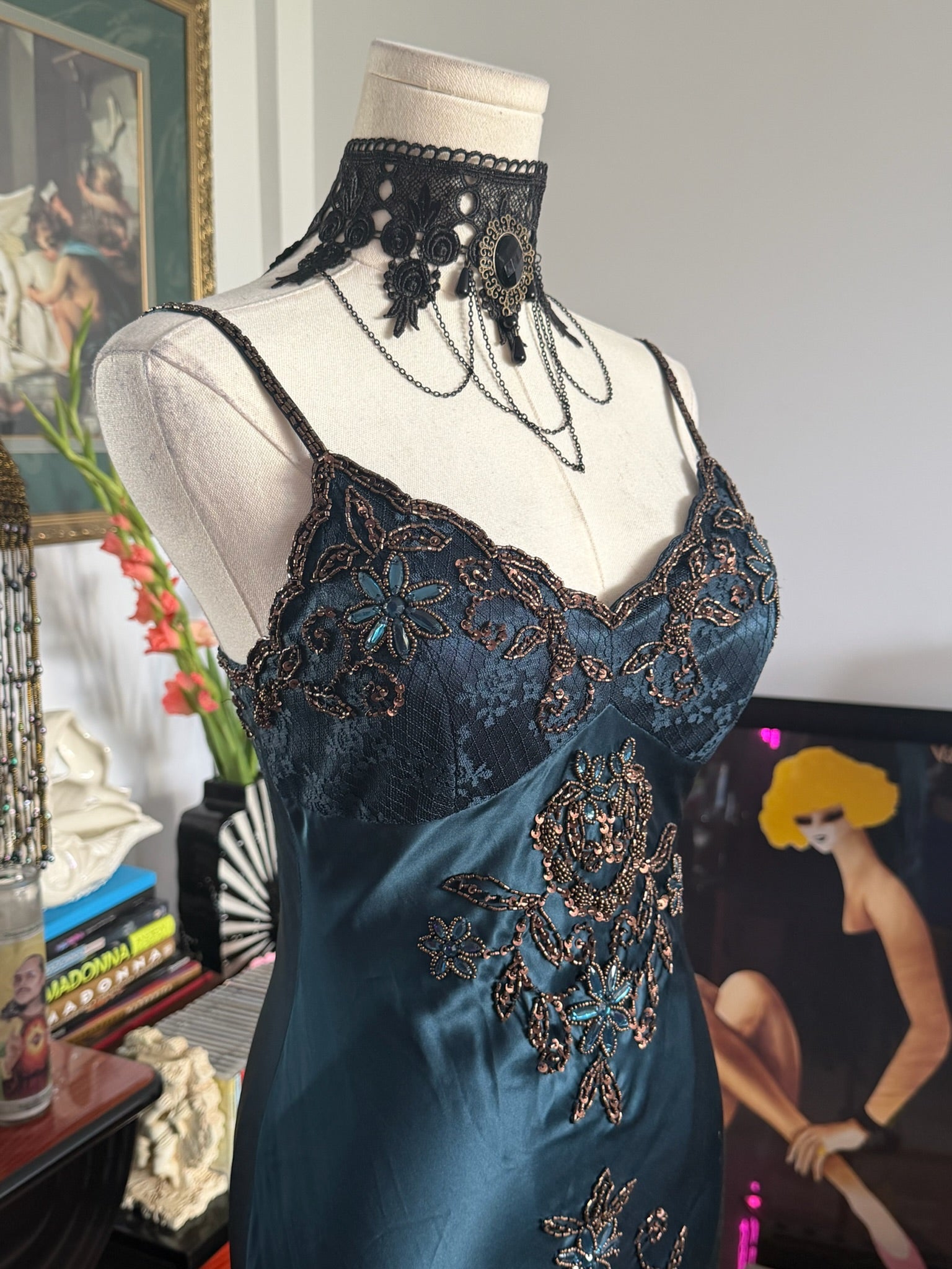 Cache Teal Beaded Lace Slip Dress 2