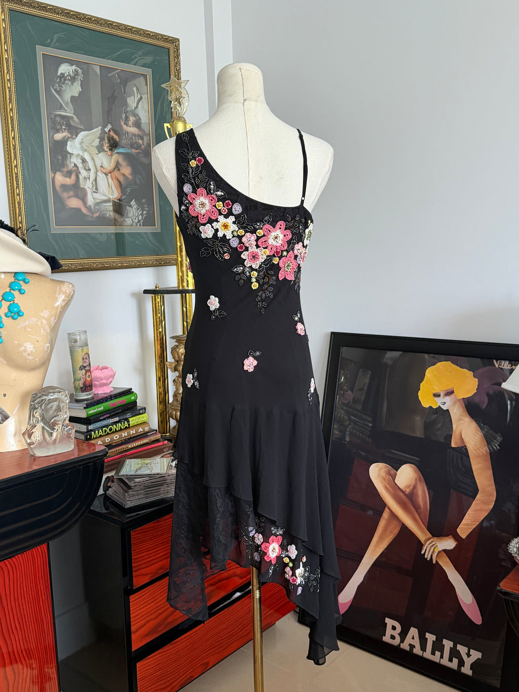 vintage Sue Wong, black silk floral, crochet, and beaded dress