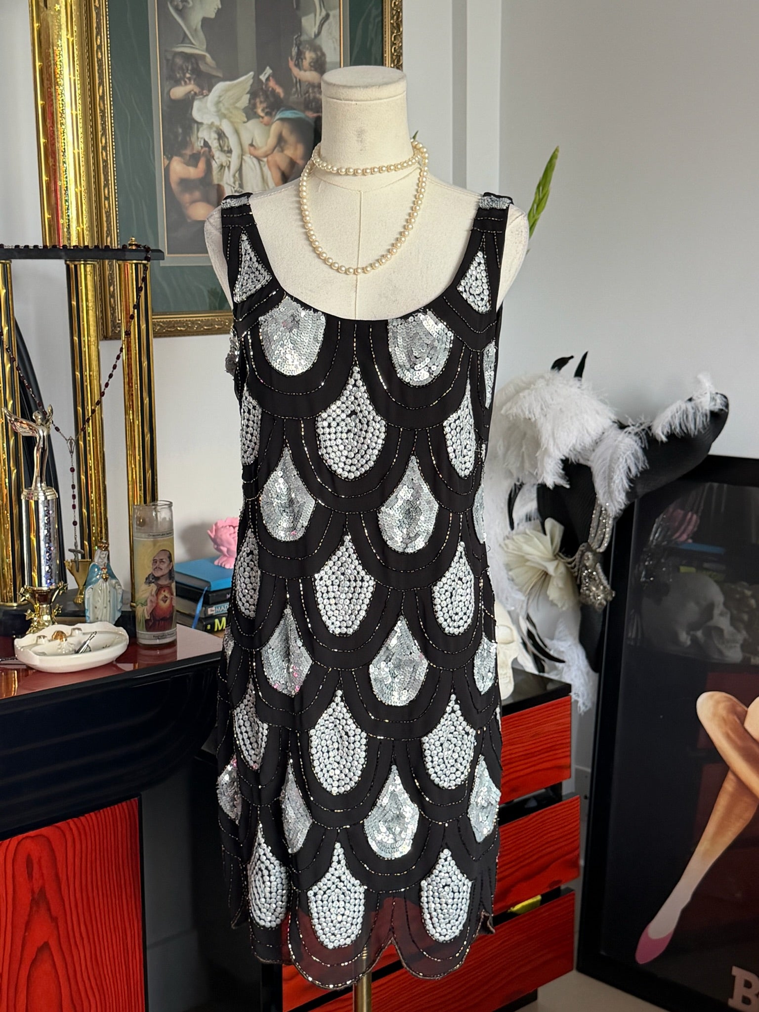 AQUA Art Deco Beaded Sequin Cocktail Dress