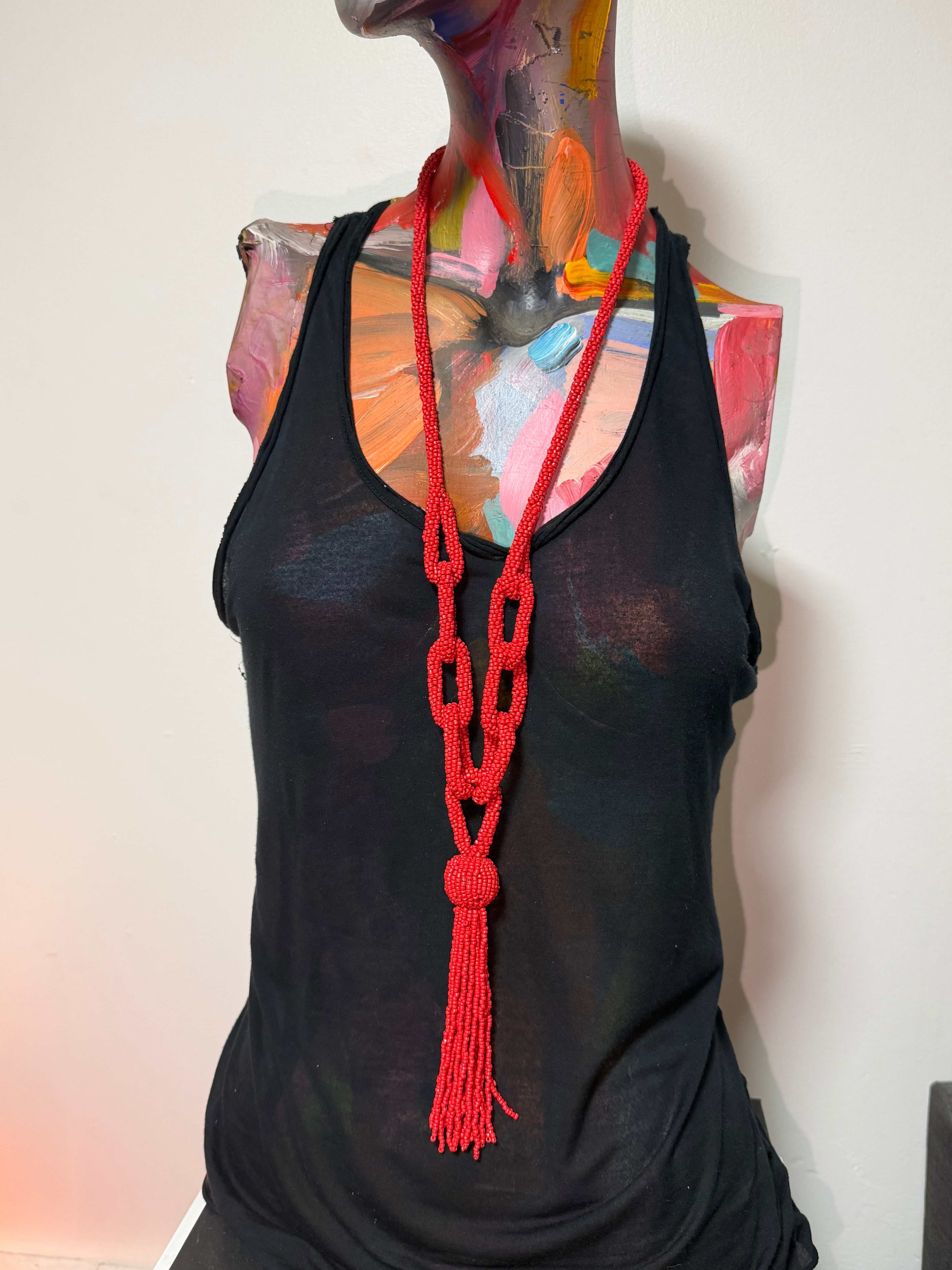 Scarlet Ritual Beaded Tassel Necklace