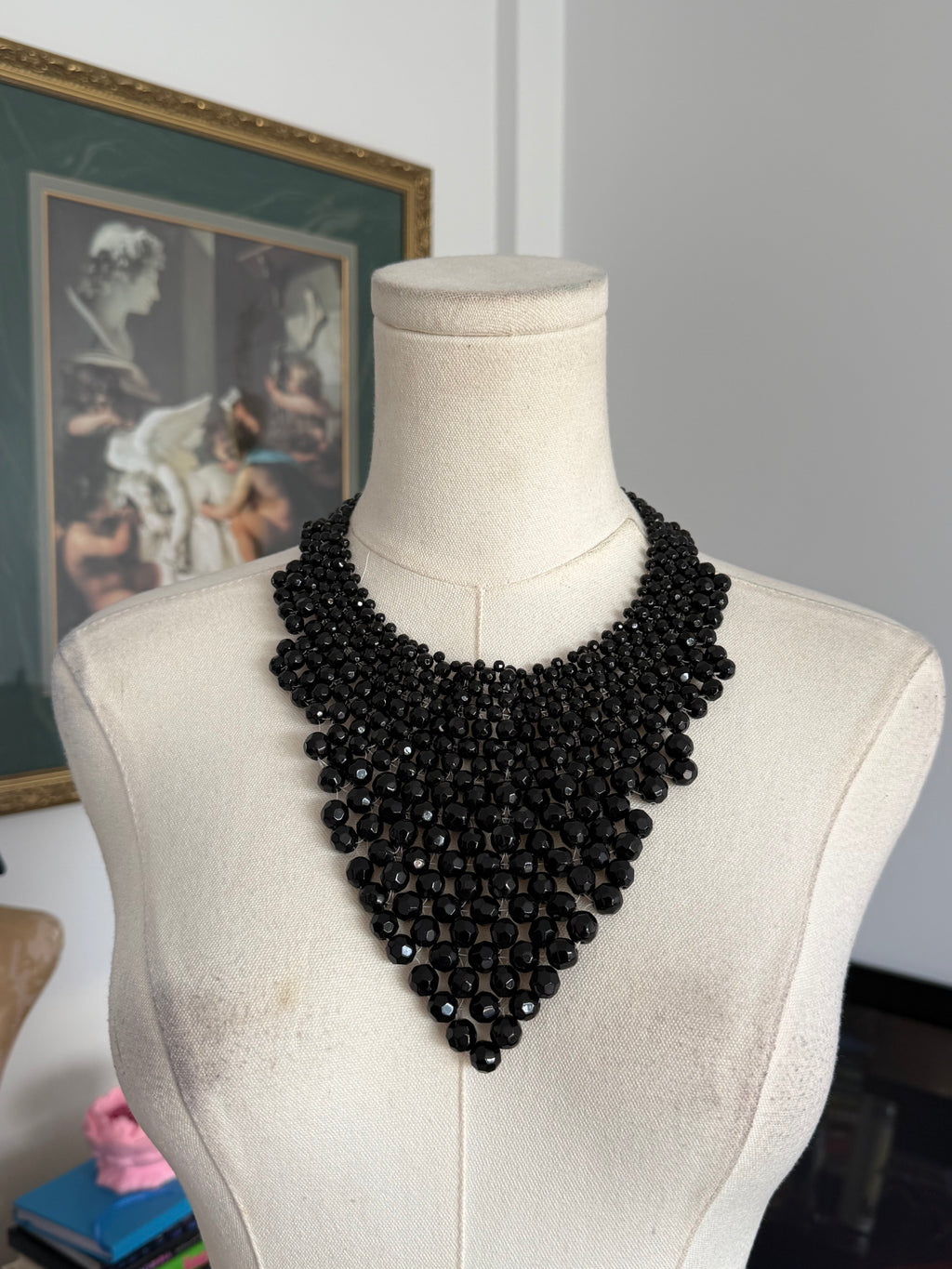 Vintage Black Beaded Statement Bib Necklace