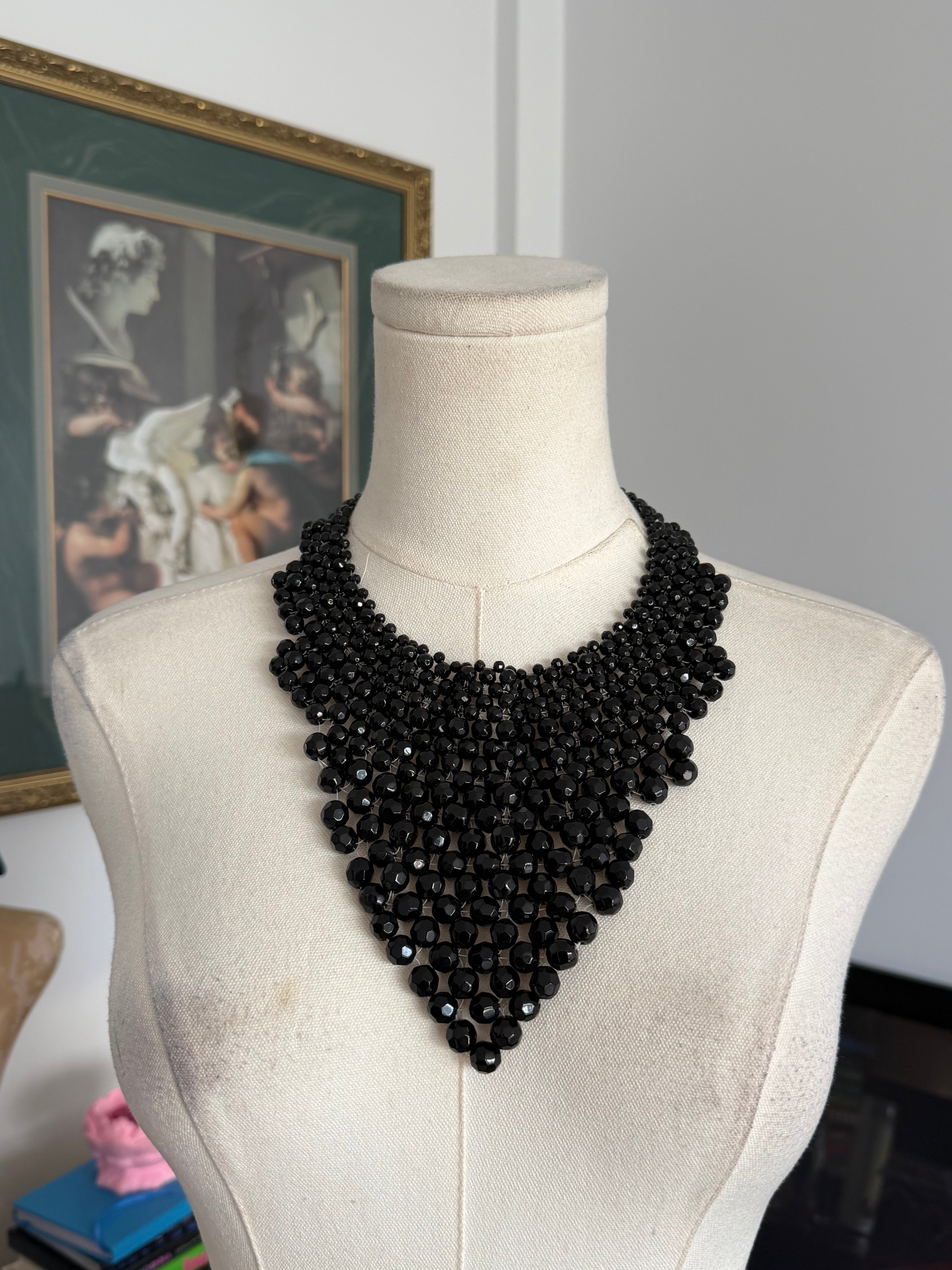 Vintage Black Beaded Statement Bib Necklace
