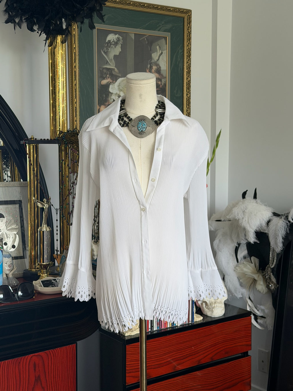 Cato White Pleated Eyelet Button-Up Blouse