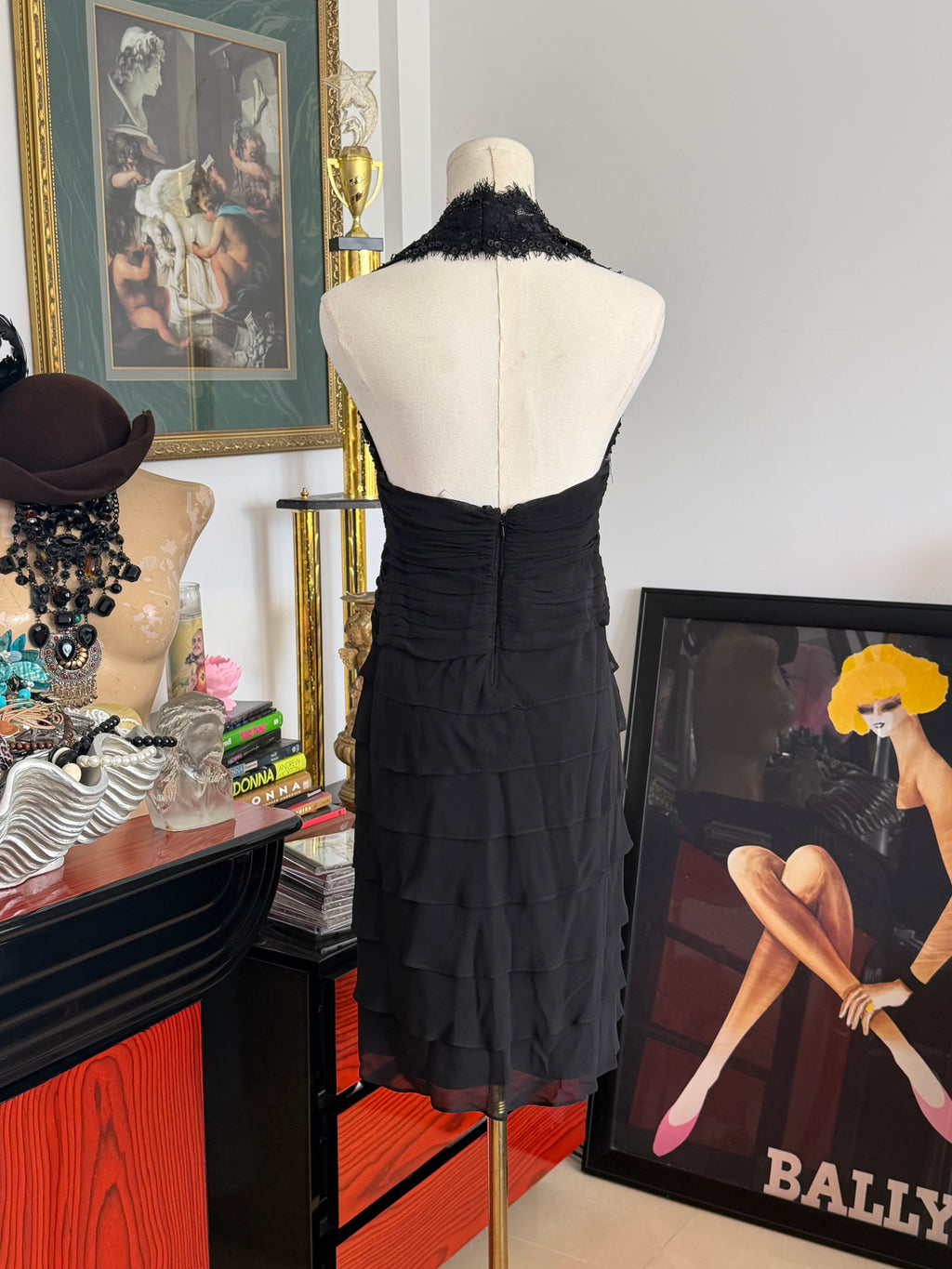 Tadashi Black Silk Beaded Halter Cocktail Dress S-M