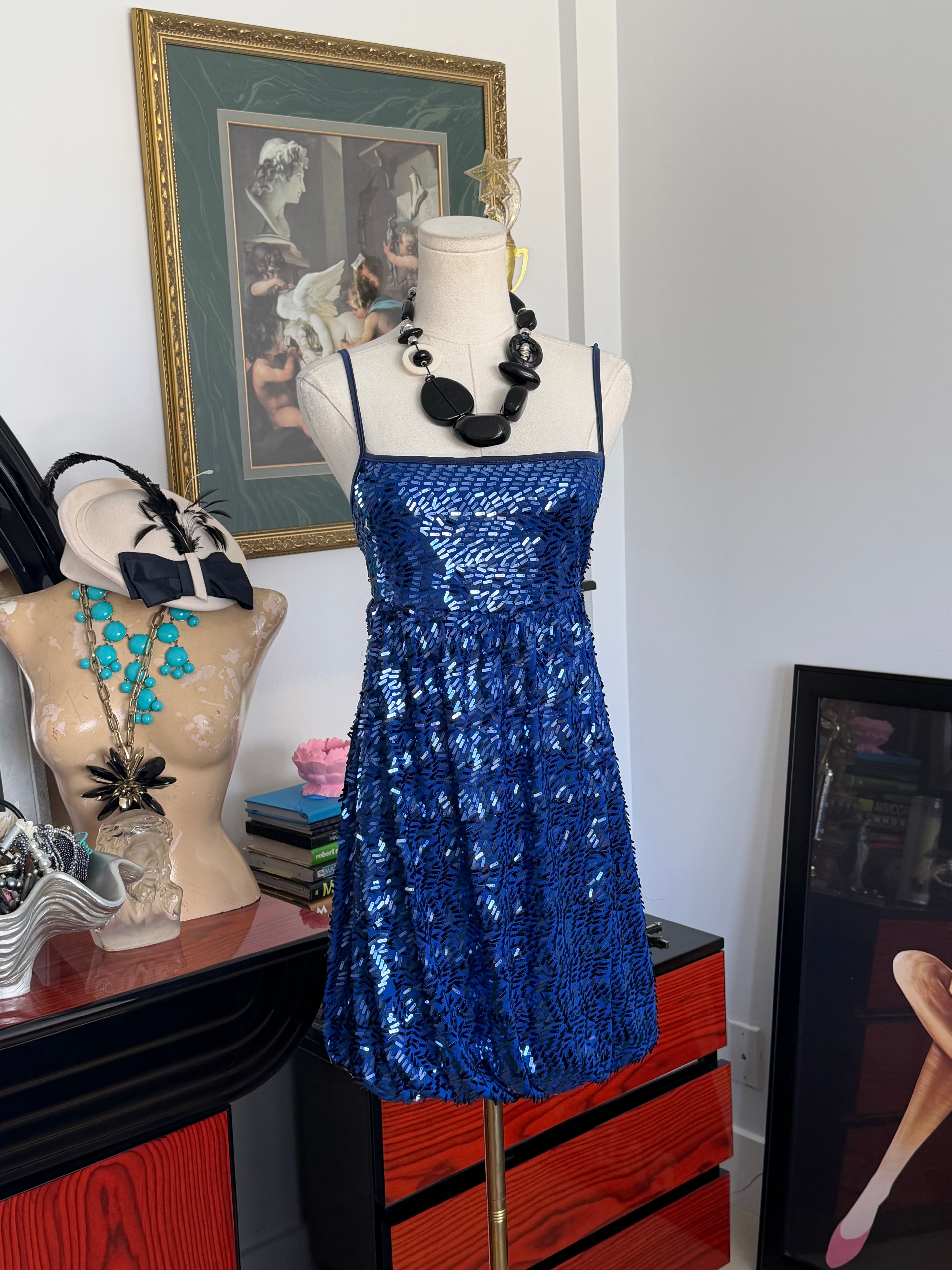 Vintage Y2K Blue Bugle Bead & Sequin Bubble Hem Dress | Made in USA | Medium