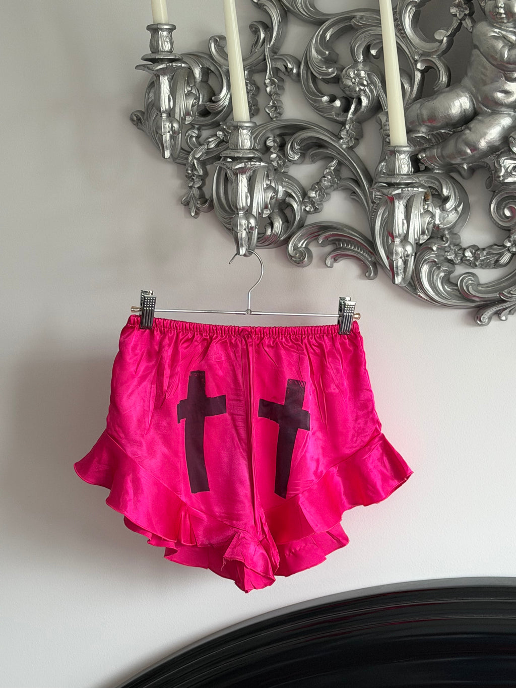 Hot Pink Satin Ruffle Cross Shorts – XS