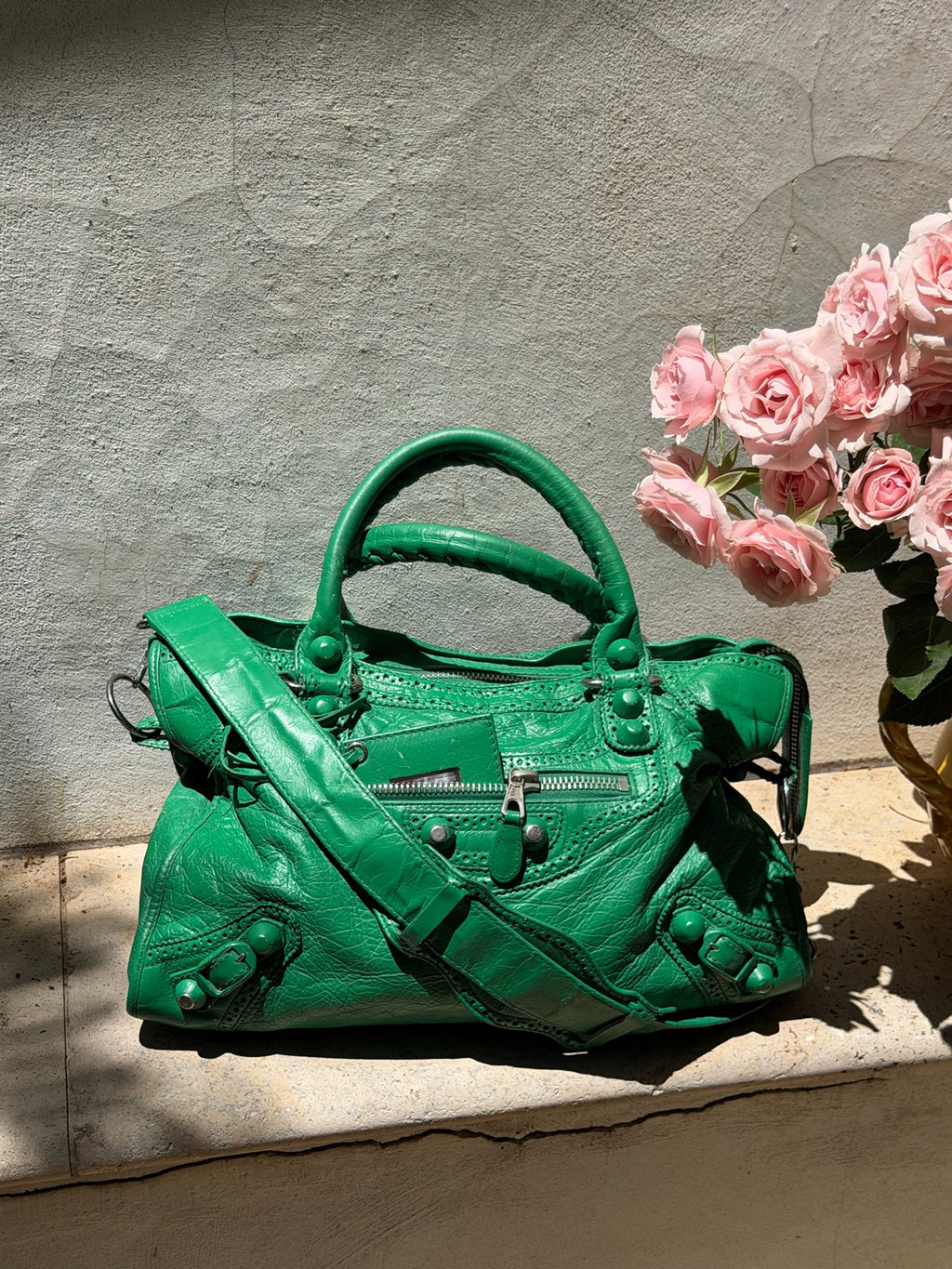 Balenciaga City Brogue Bag – Emerald Green Perforated Motorcycle Leather (2010s)