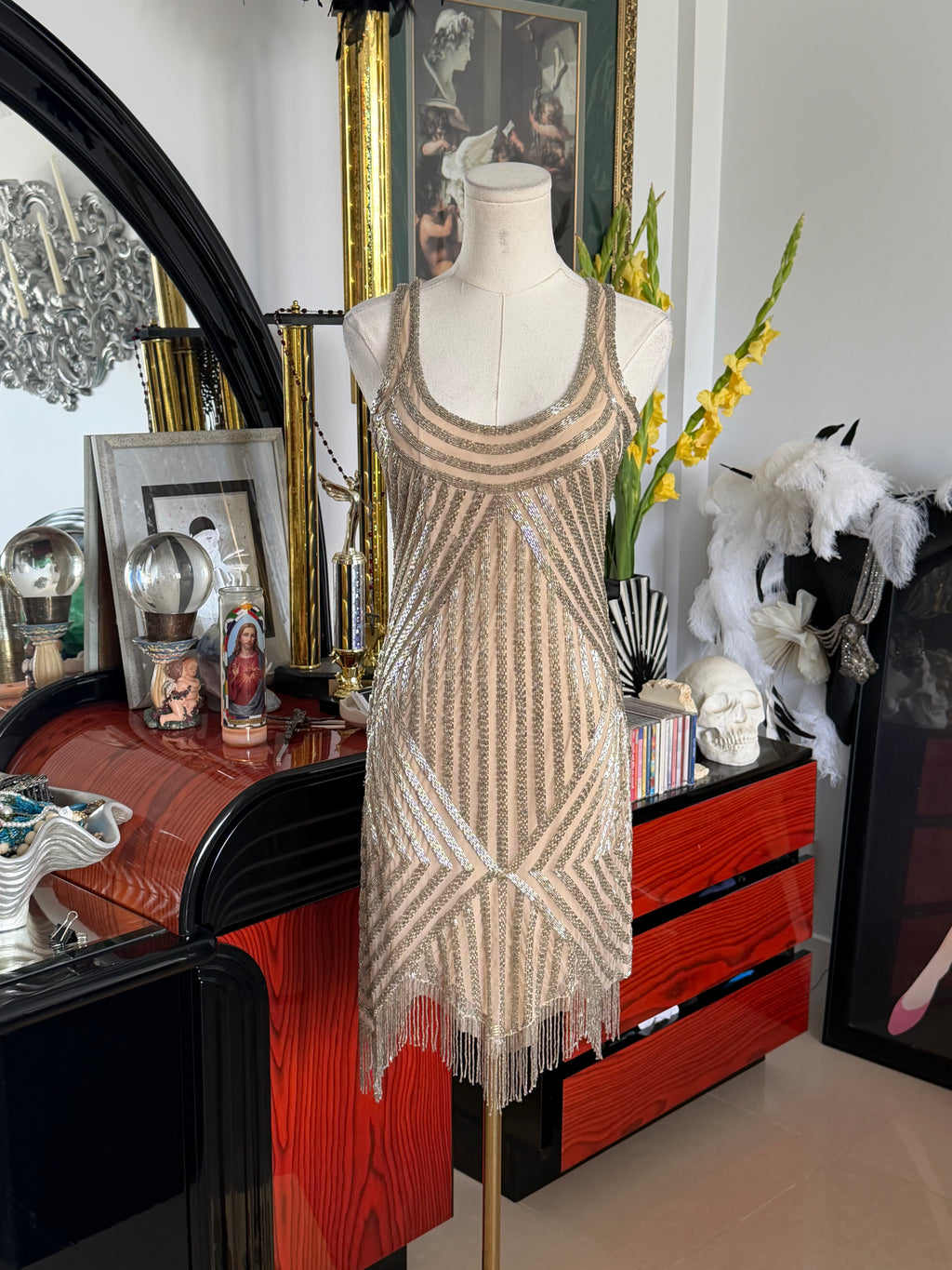 Aidan Mattox Art Deco Beaded Fringe Cocktail Dress