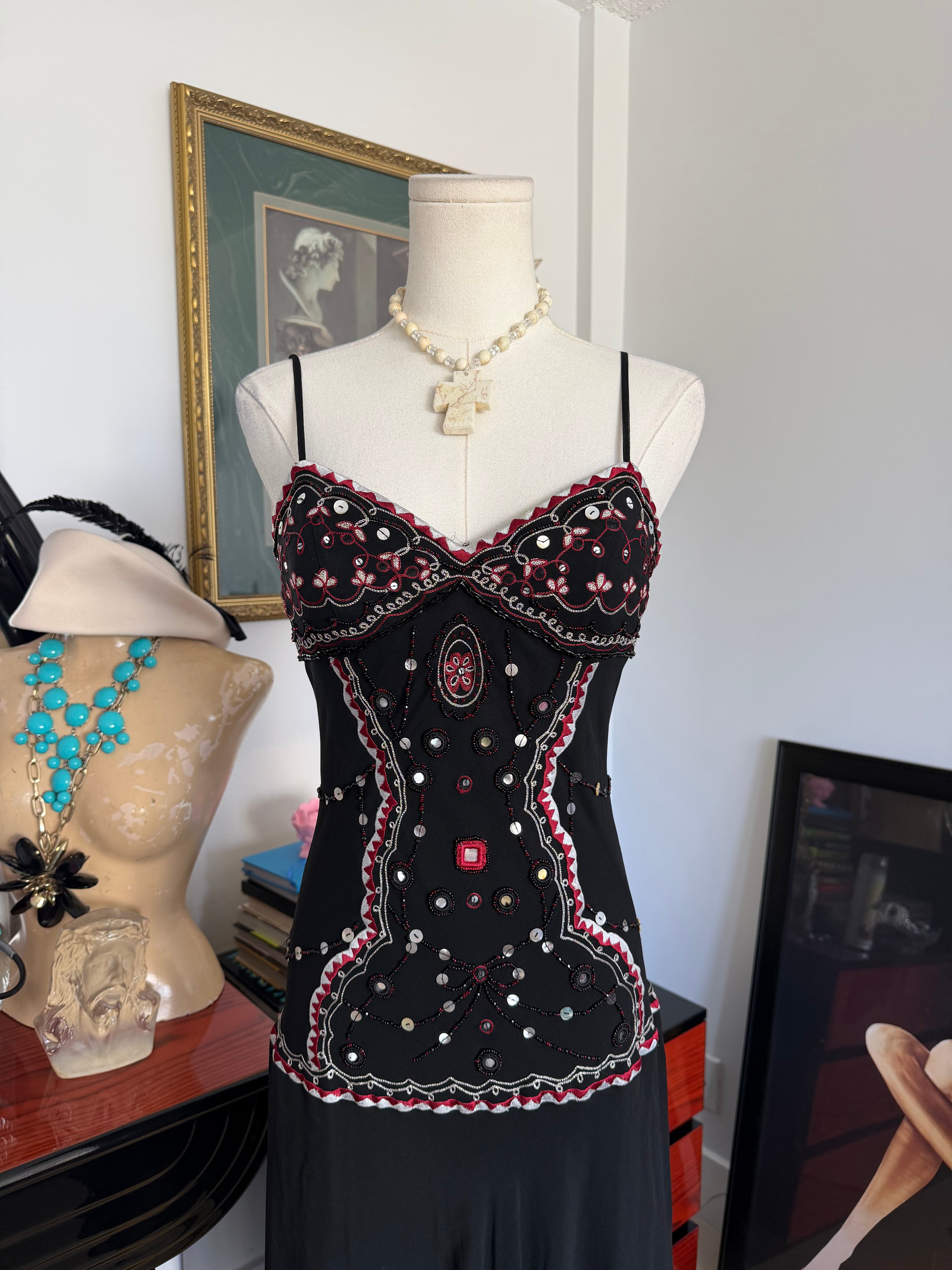 Vintage Sue Wong Black Silk Beaded Corset Illusion Handkerchief Dress -6