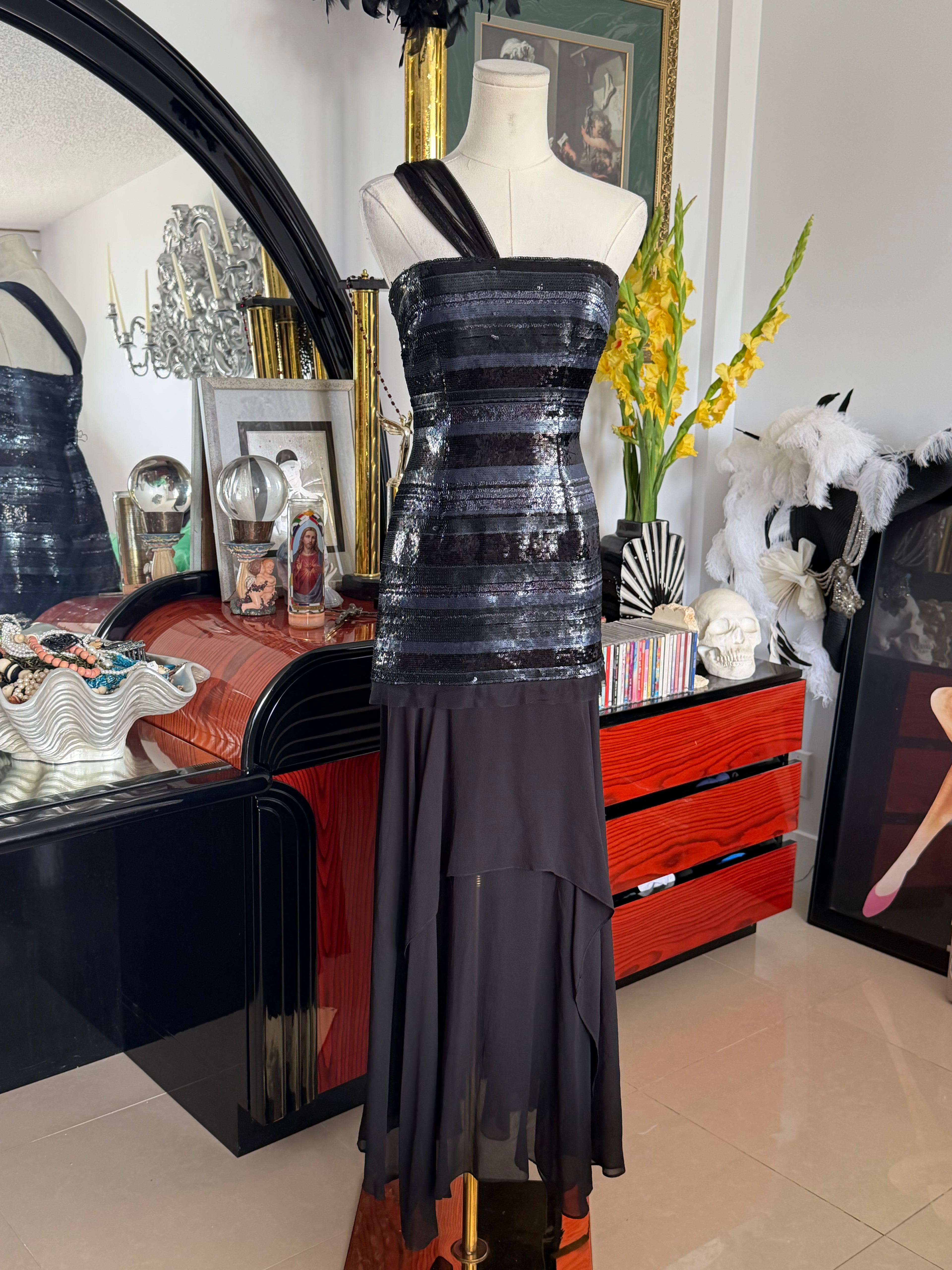 BCBG Max Azria Black Sequin One-Shoulder Evening Gown