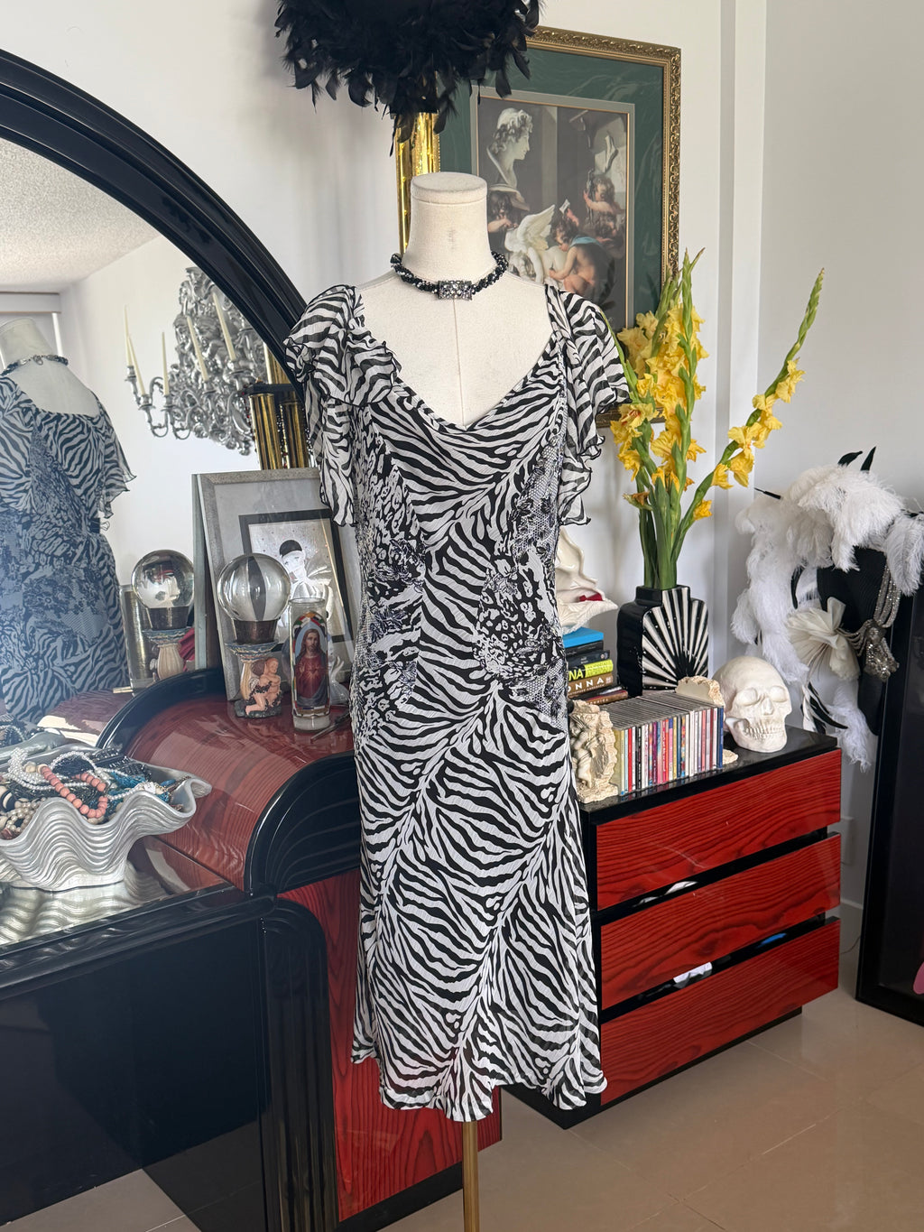 Address Black & White Zebra Print Flutter Sleeve Dress | Animal Print Midi Dress | Size 12