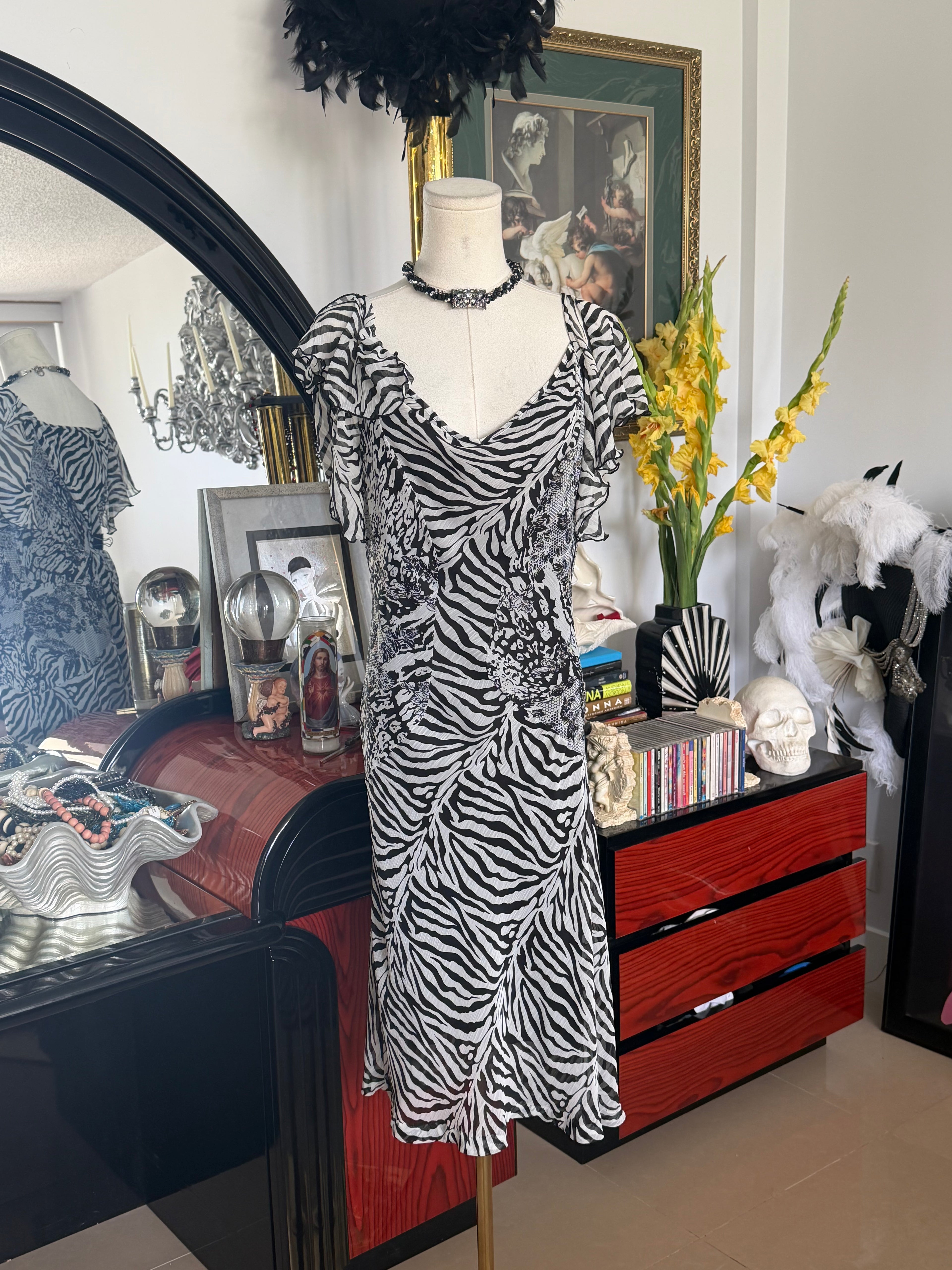 Address Black & White Zebra Print Flutter Sleeve Dress | Animal Print Midi Dress | Size 12