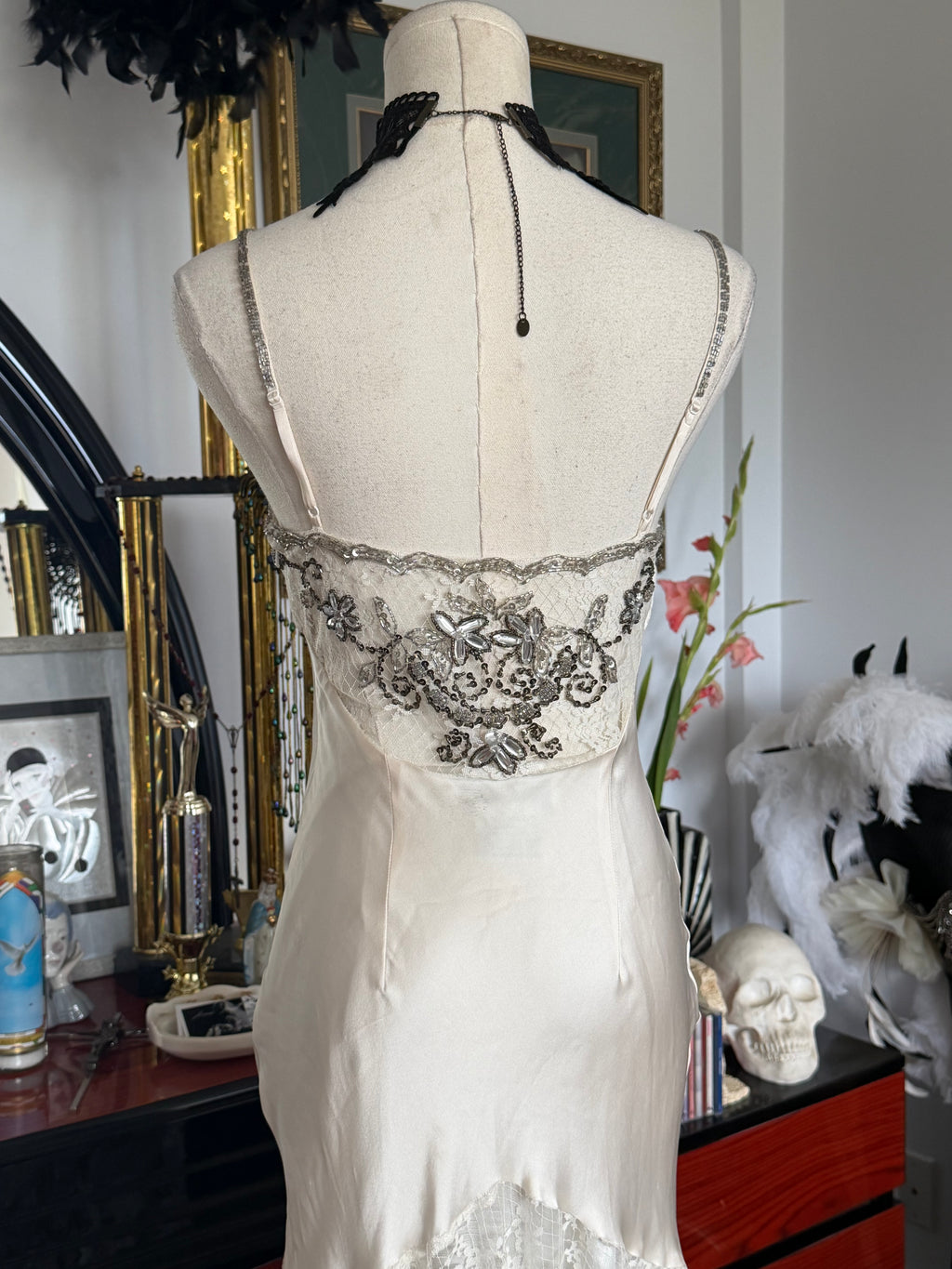 Vintage Sue Wong  Ivory Silk Beaded Lace Dress