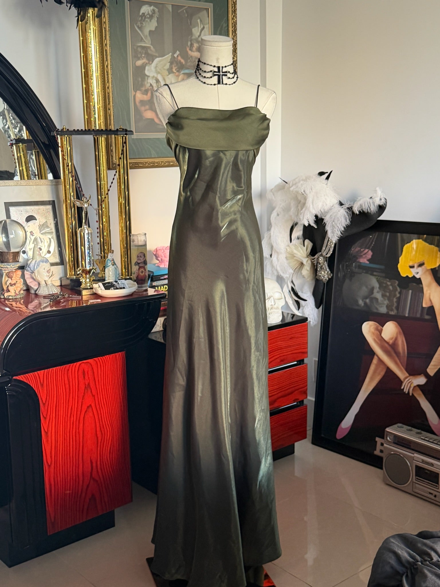 Betsy & Adam Olive Liquid Satin Bias-Cut Evening Gown | Size 4