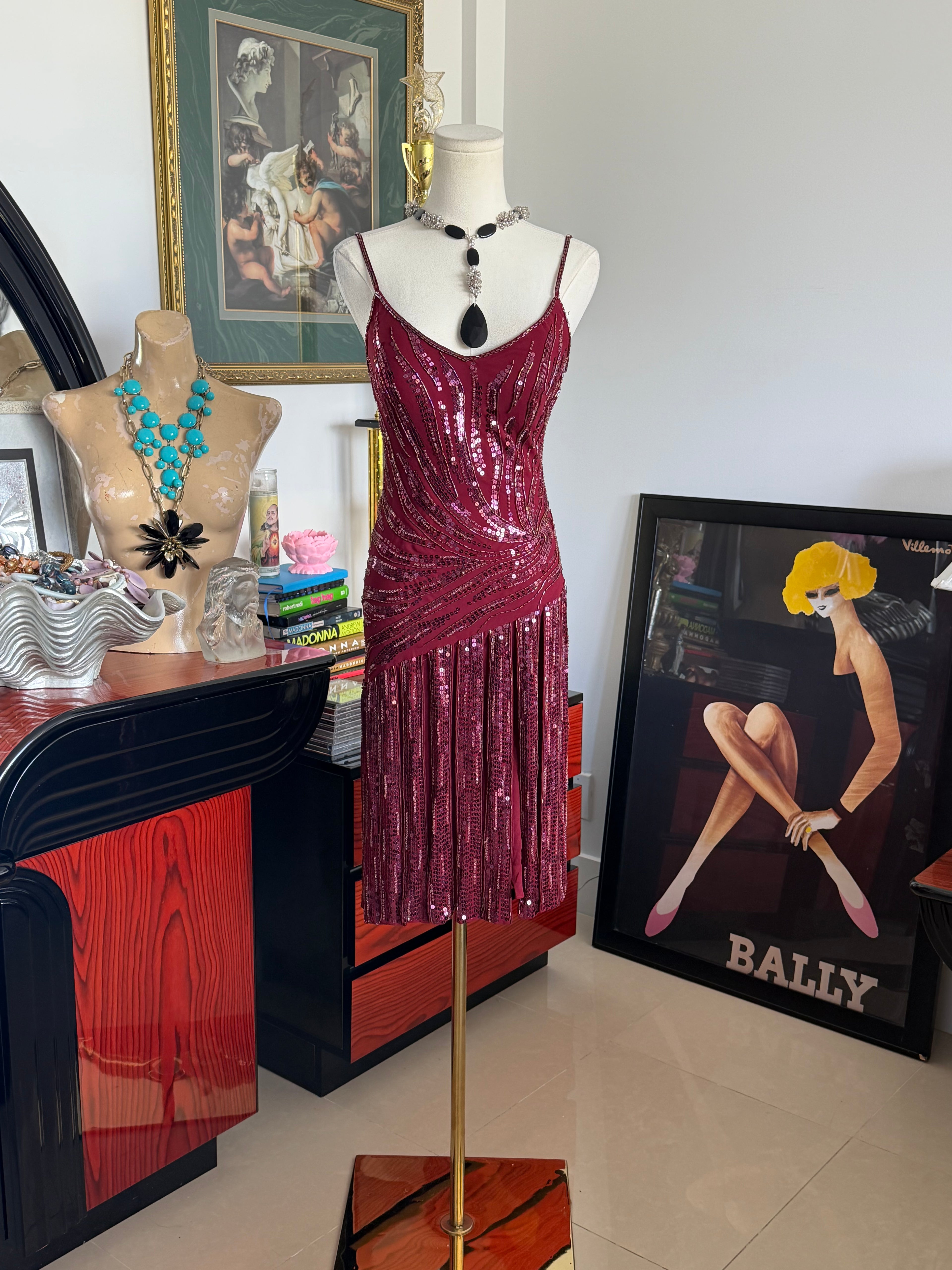 Vintage Sue Wong Burgundy Silk Beaded Cocktail Dress – Size 6