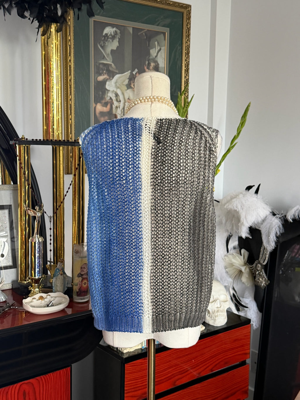 Color Block Open Knit Sweater Vest | Blue, Black & White