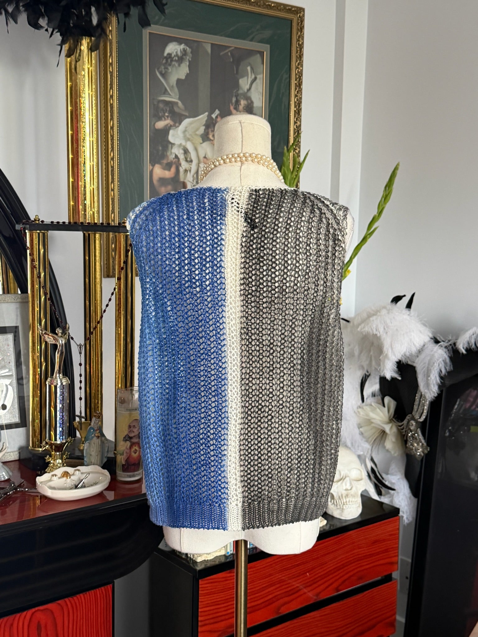 Color Block Open Knit Sweater Vest | Blue, Black & White
