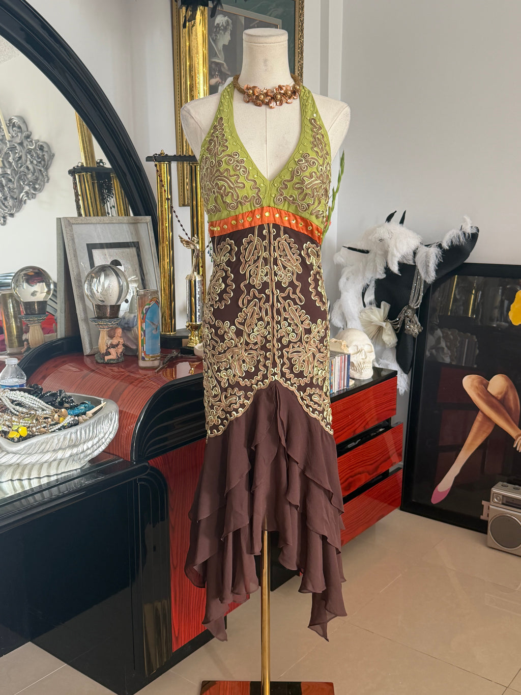 Vintage Sue Wong Couture 100% Silk Embroidered Halter Midi Dress | Size 6
