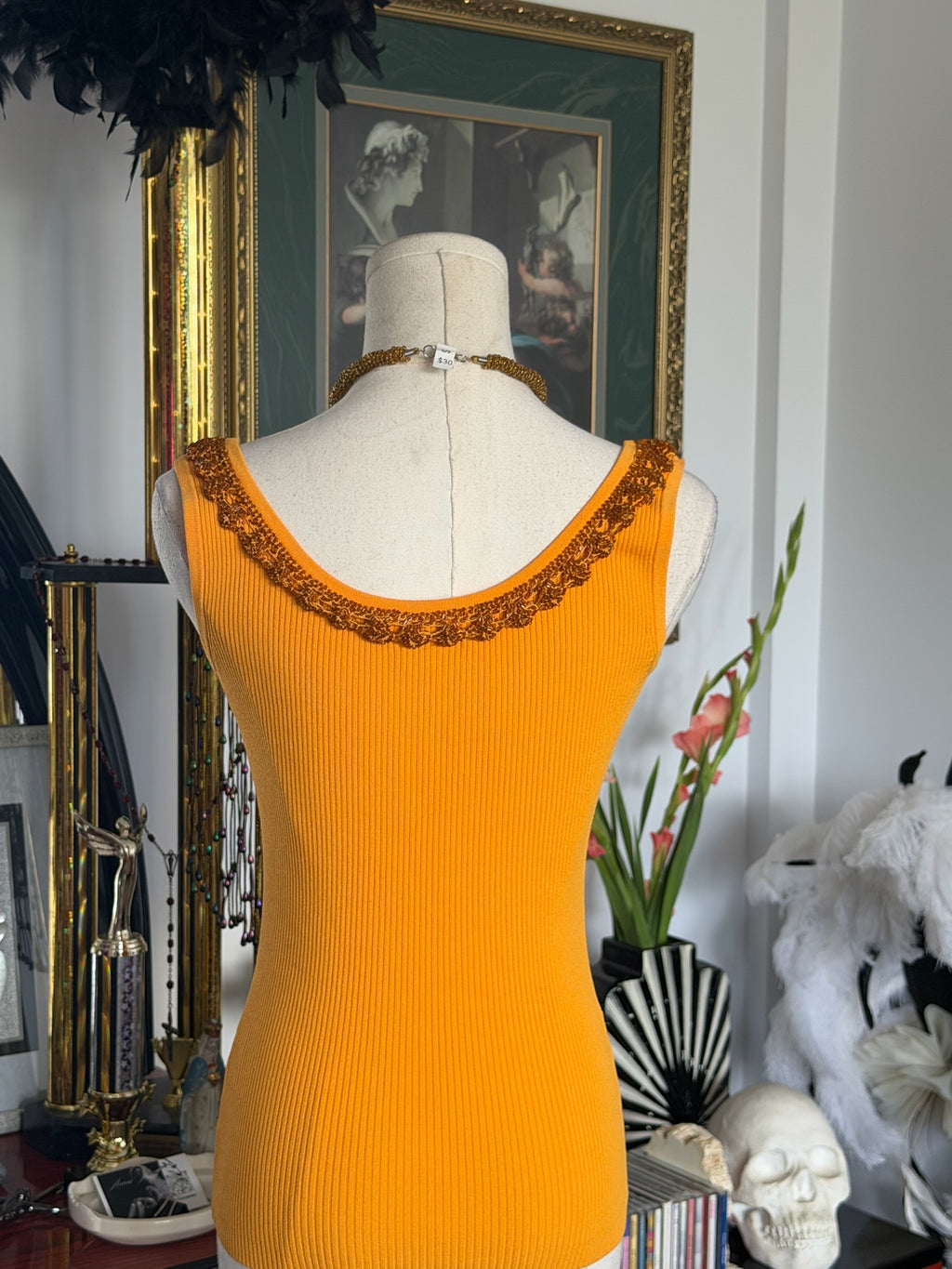 Caché Hand-Beaded Ribbed Knit Tank – Marigold