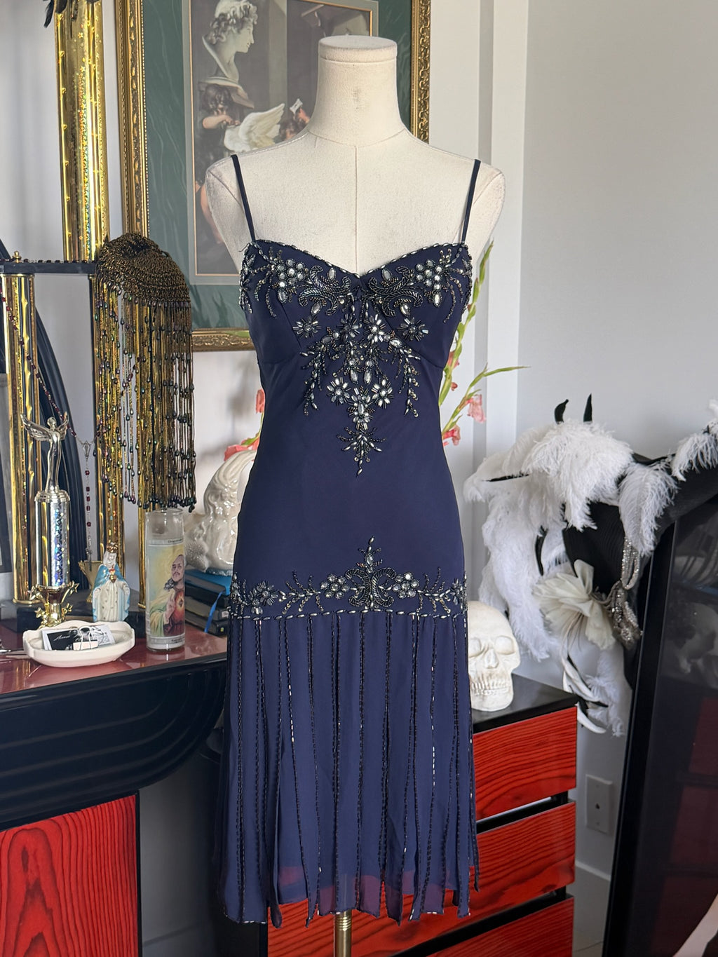 Vintage Sue Wong 100% silk navy beaded dress 2