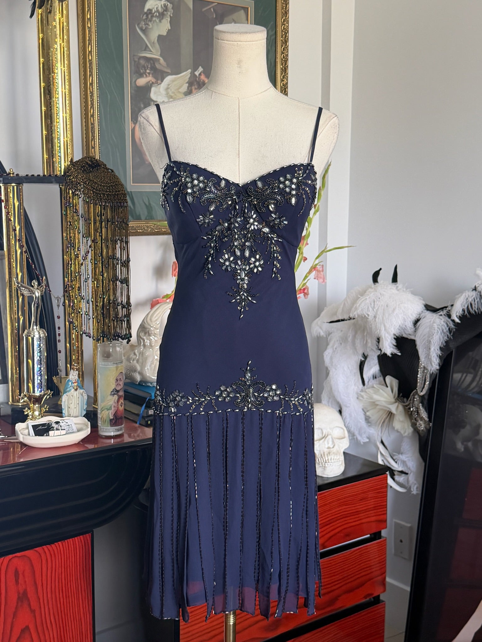 Vintage Sue Wong 100% silk navy beaded dress 2