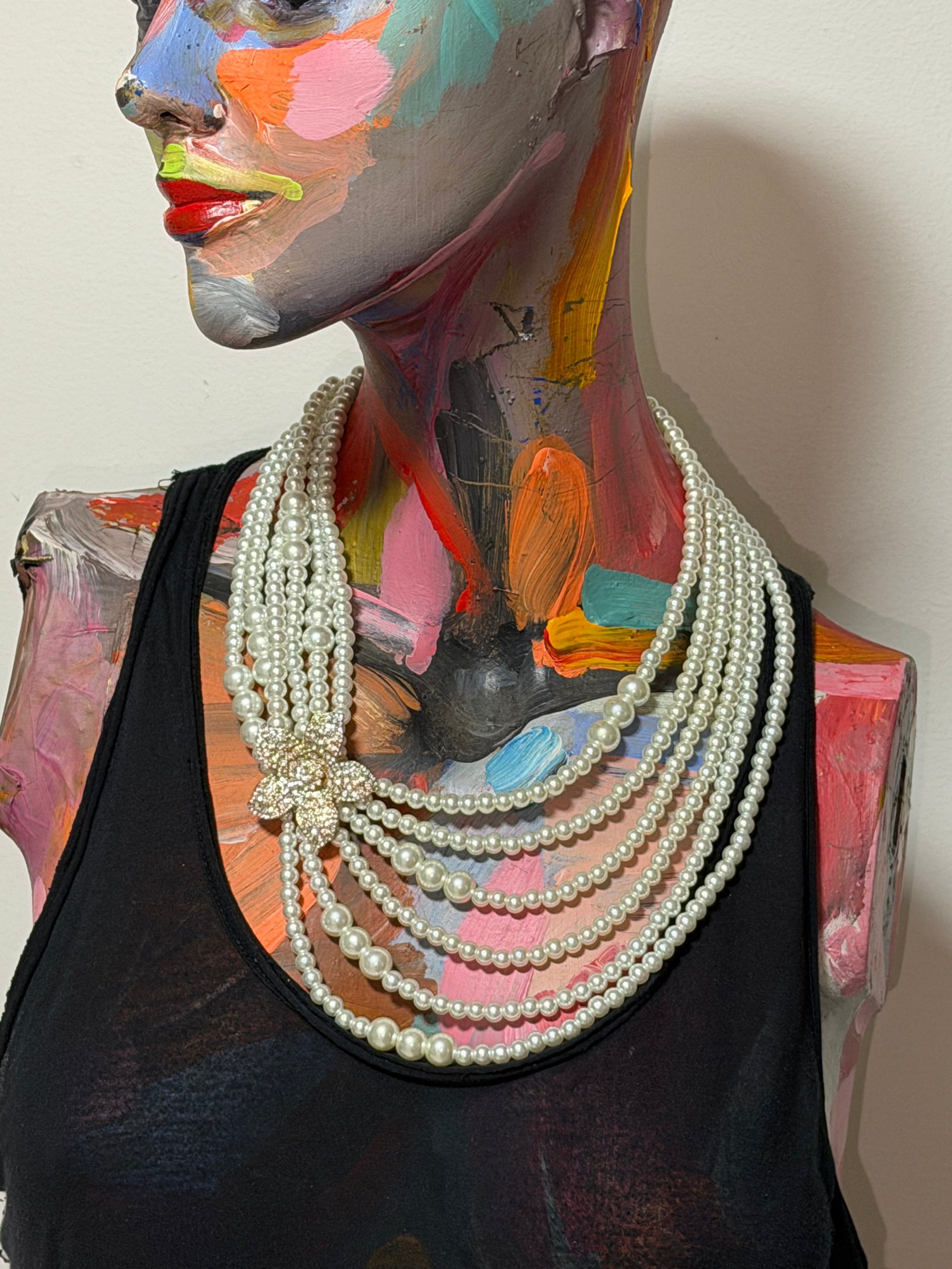 Vintage Multi-Strand Pearl & Crystal Flower Necklace