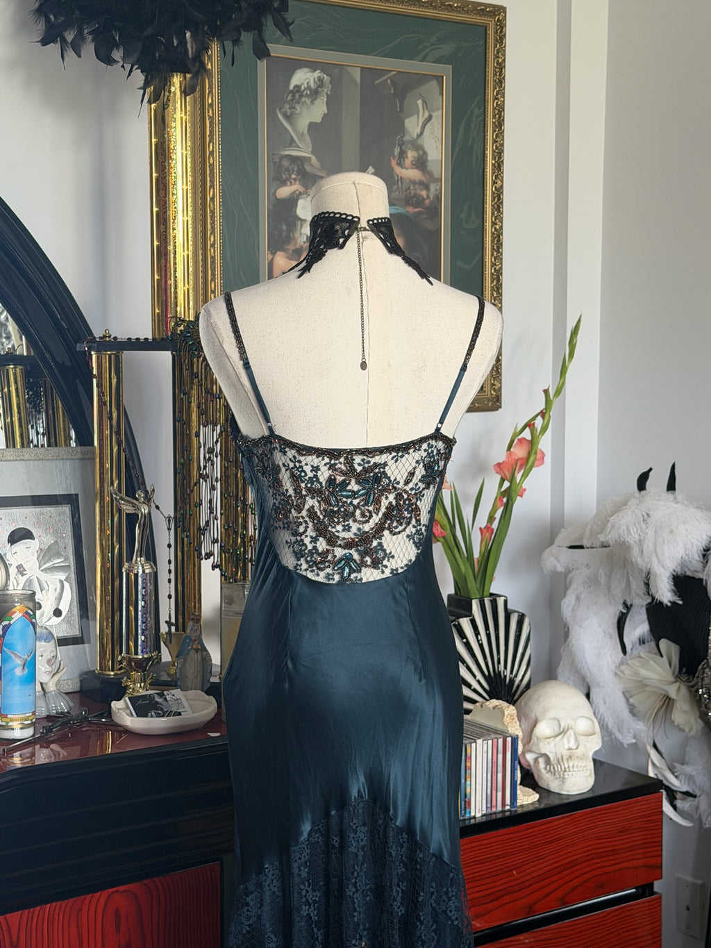 Cache Teal Beaded Lace Slip Dress 2