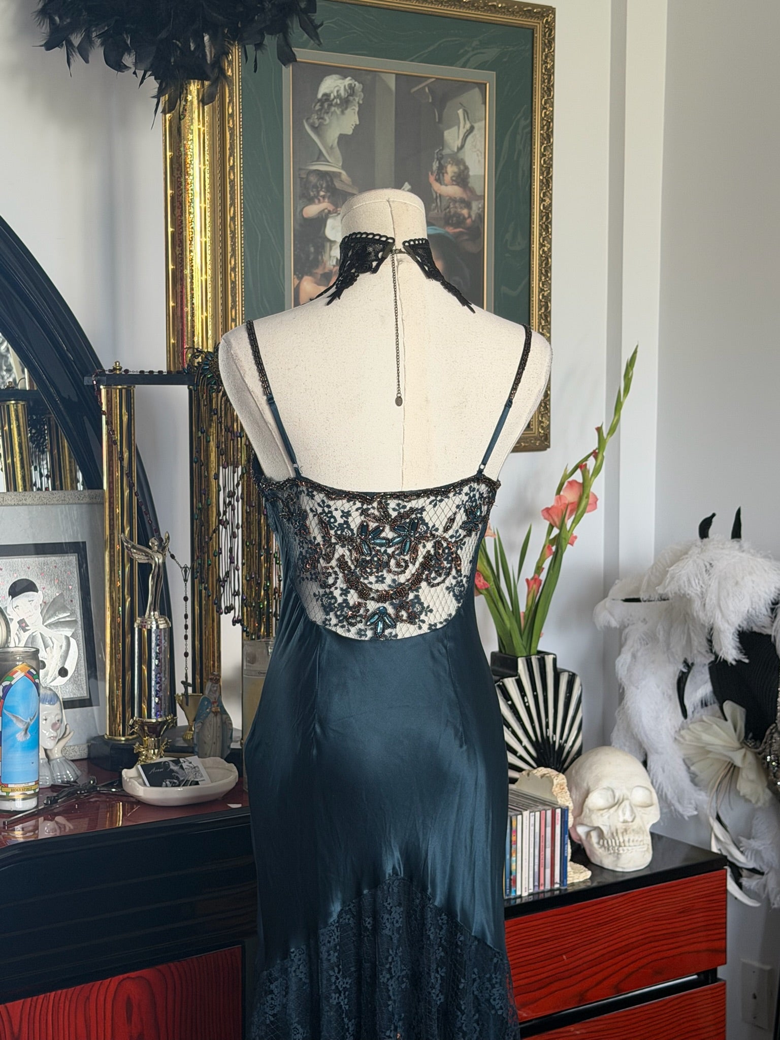 Cache Teal Beaded Lace Slip Dress 2