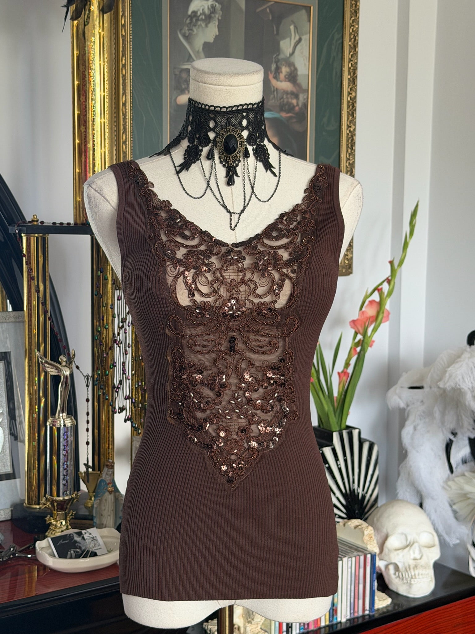 Caché Beaded Lace Illusion Ribbed Knit Tank – Chocolate Brown