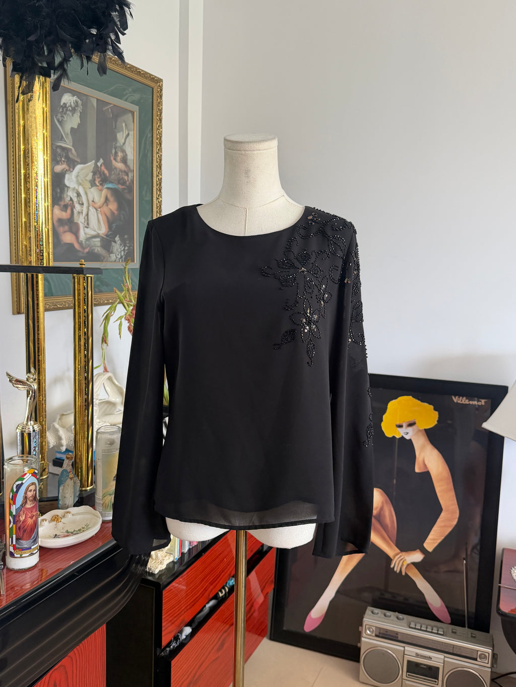 Black Embellished Floral Blouse
