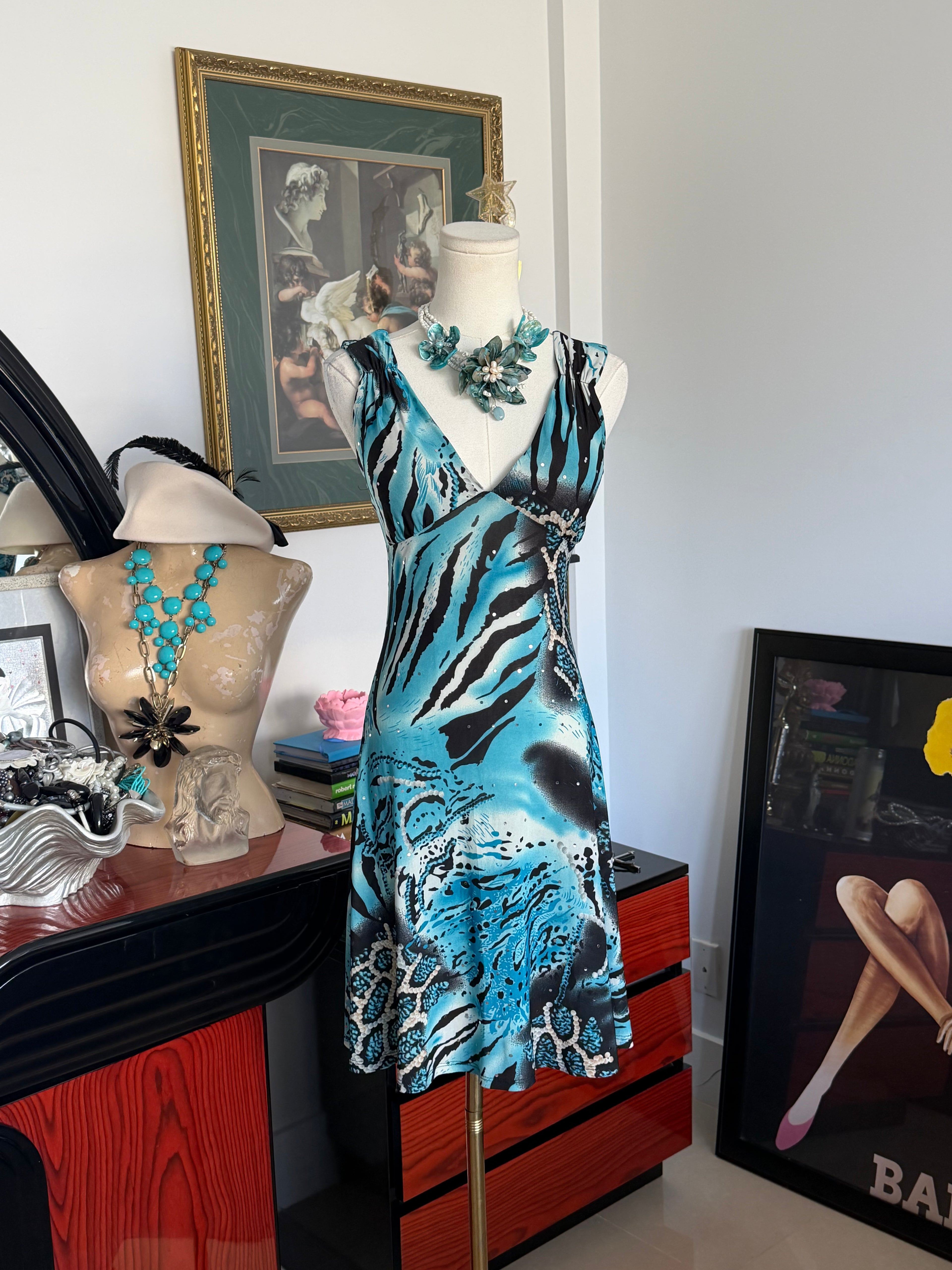 Y2K Turquoise Rhinestone Print Dress