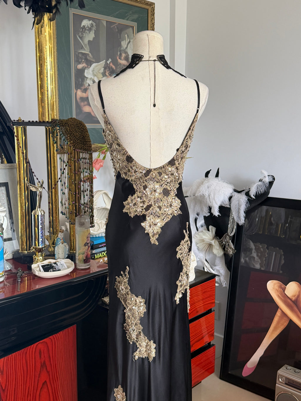 Vintage Caché Black & Gold Embellished Lace Evening Gown