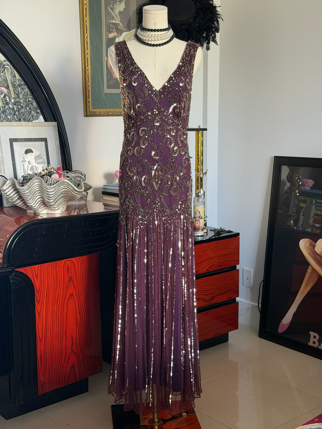 Pisarro Nights Hand-Beaded Plum Art Deco Evening Gown