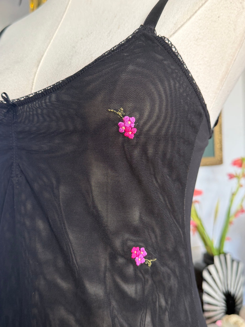 Blush Black Sheer Mesh Embroidered Floral Slip Dress