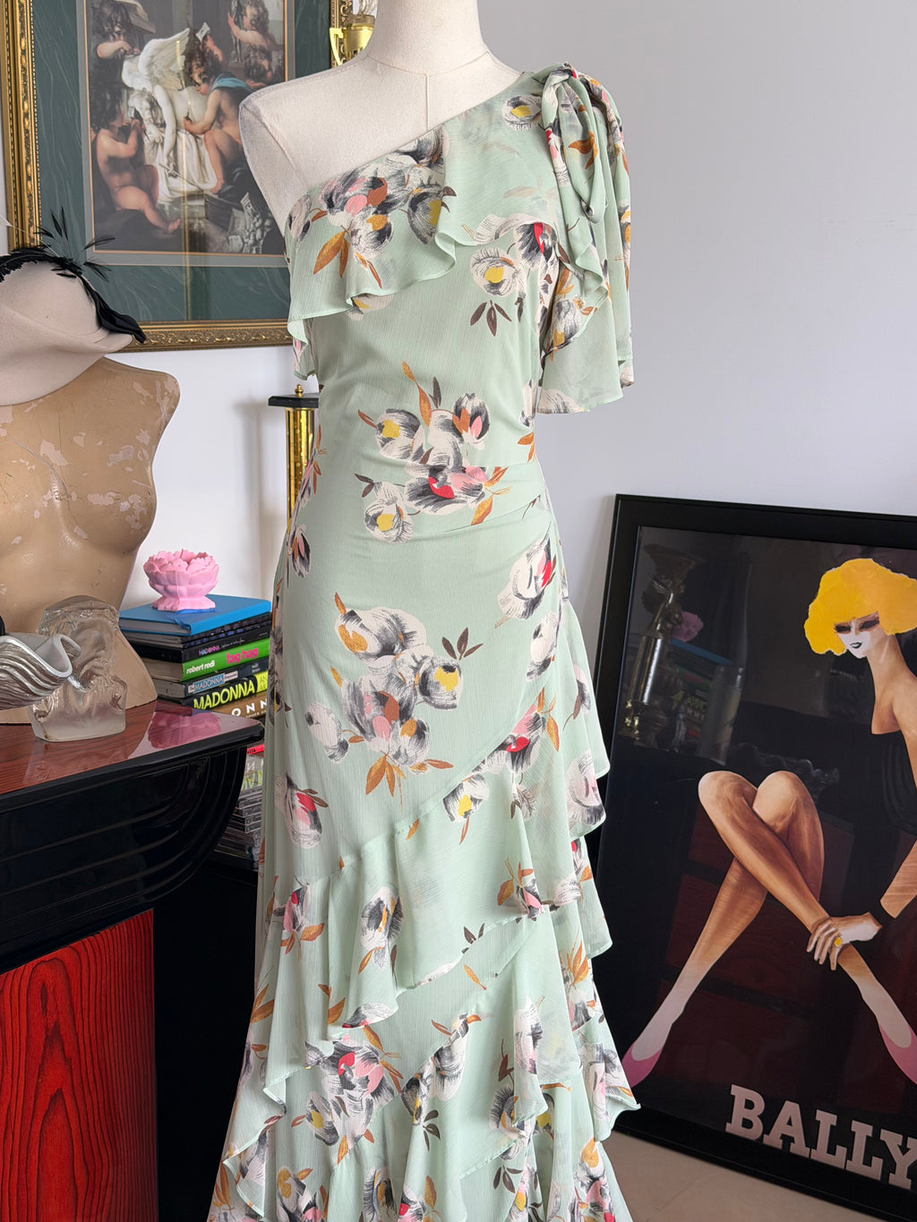 Lauren Ralph Lauren Mint Floral One Shoulder Ruffle Maxi Dress