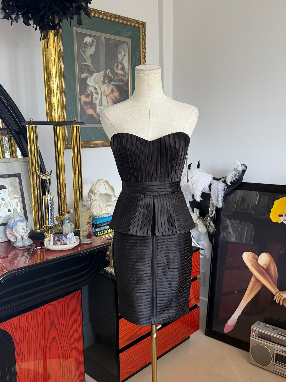 BCBG Max Azria Karina Black Pleated Peplum Strapless Dress XS 2